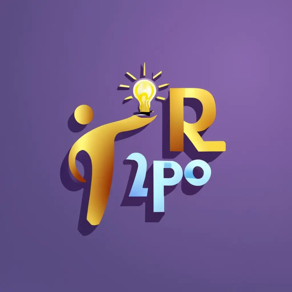 3d logo, golden color with purple background, a happy man like letter R & D holding a sparkling fire or a shining lamp with meaning of enlightening others, with the text "2ipo", typography, be used in Technology industry
