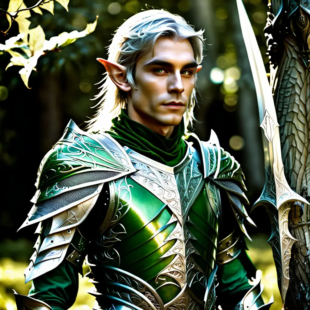 green and silver, elven armor, male