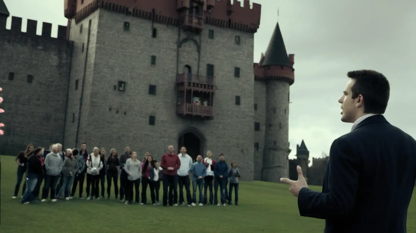 Man talking to group in front of castle

.

