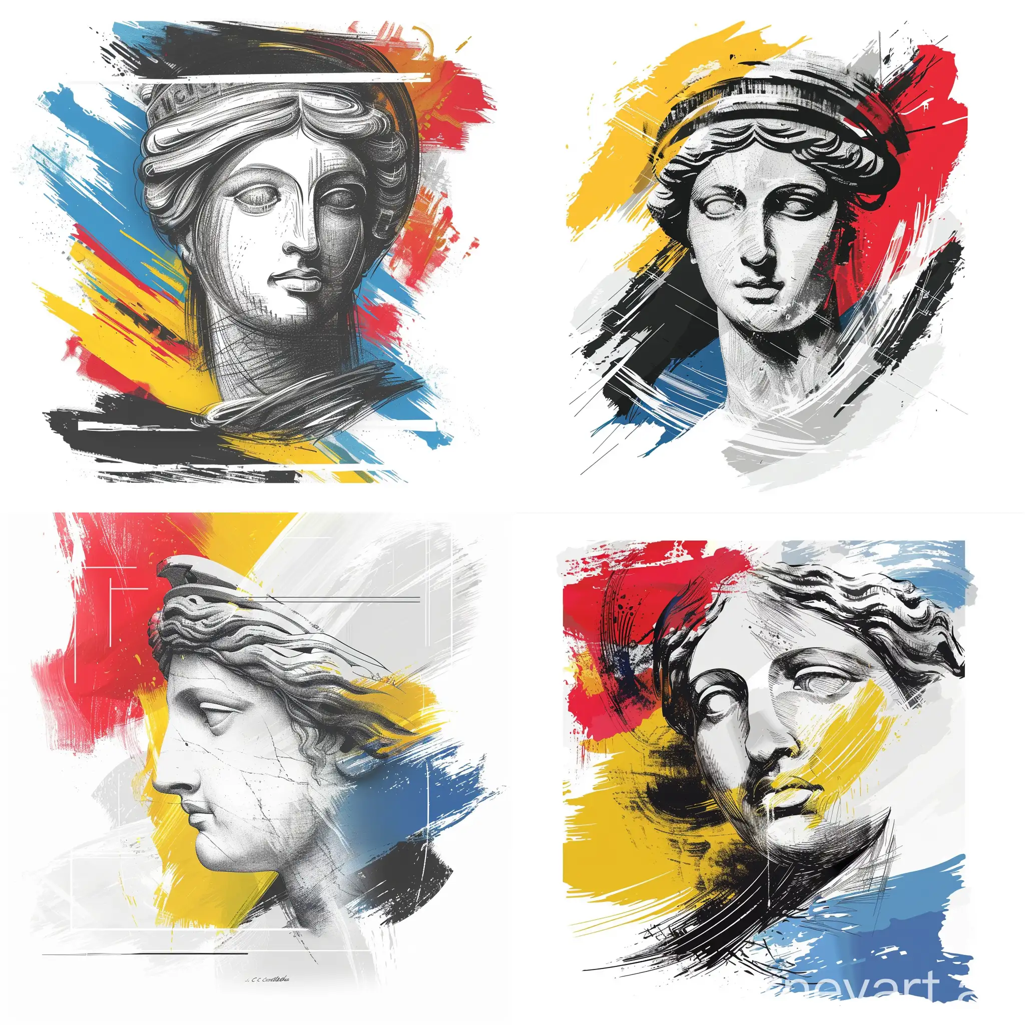 a minimalist vector poster, sketching style, grec statue woman face in fine black line, in back ground touches of red, yellow and blue colors on a white background with the jc de castelbajac style, big white brush strokes all around the poster, high definition, white around the cover