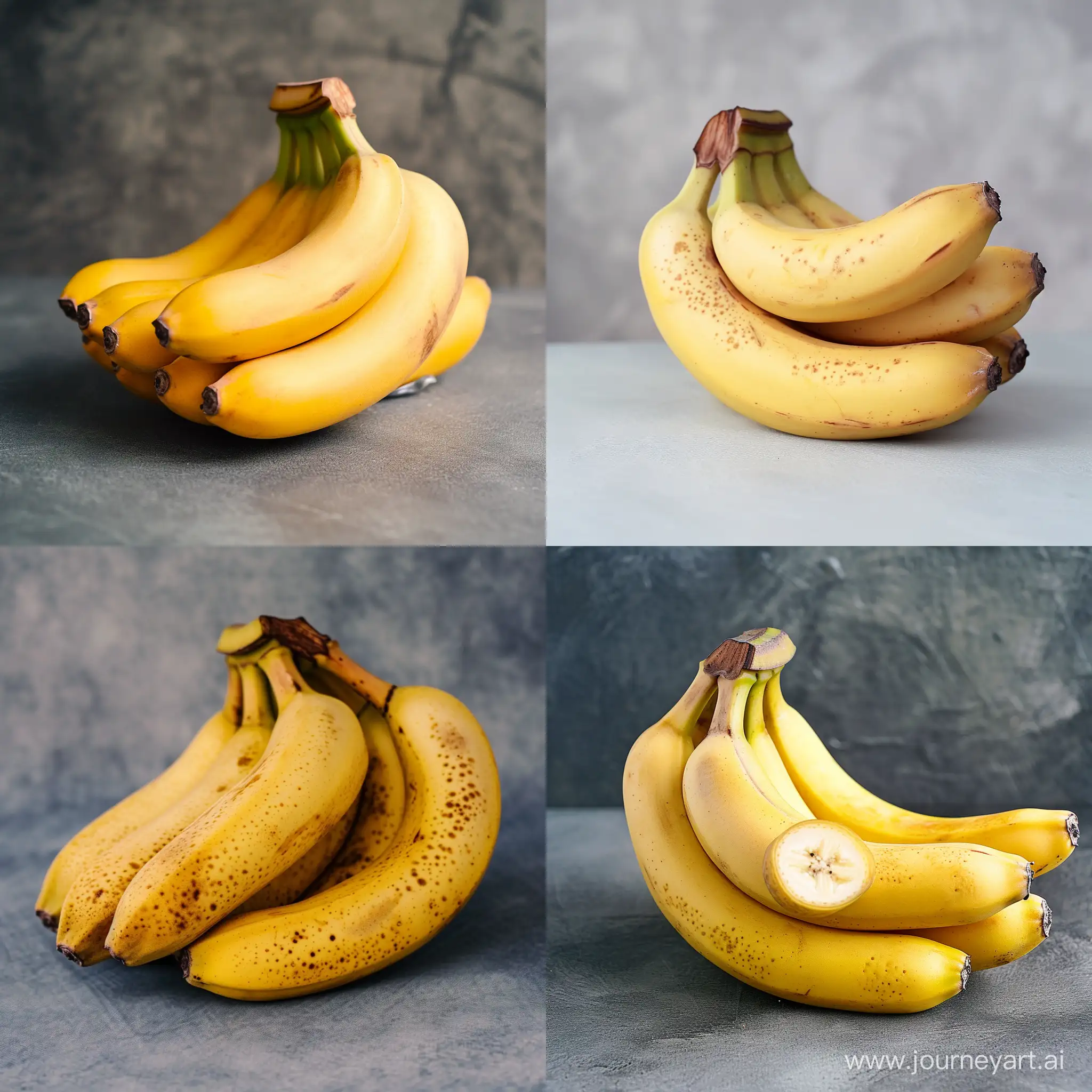 A bunch of perfectly ripe, unblemished bananas with a soft-focus background. Natural image.