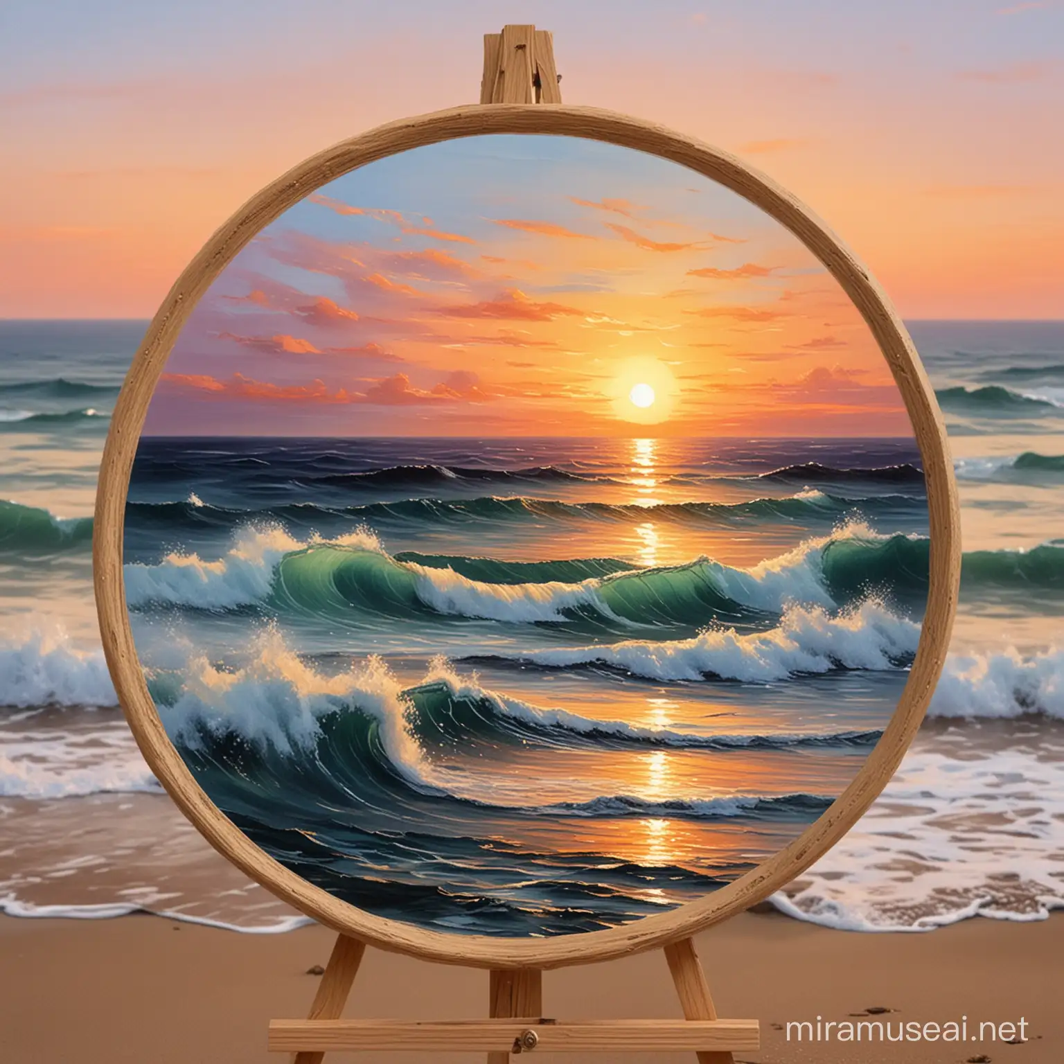 obraz na planie koła malowany pędzlem, morskie fale, zachód słońca, stonowane, przygaszone barwy