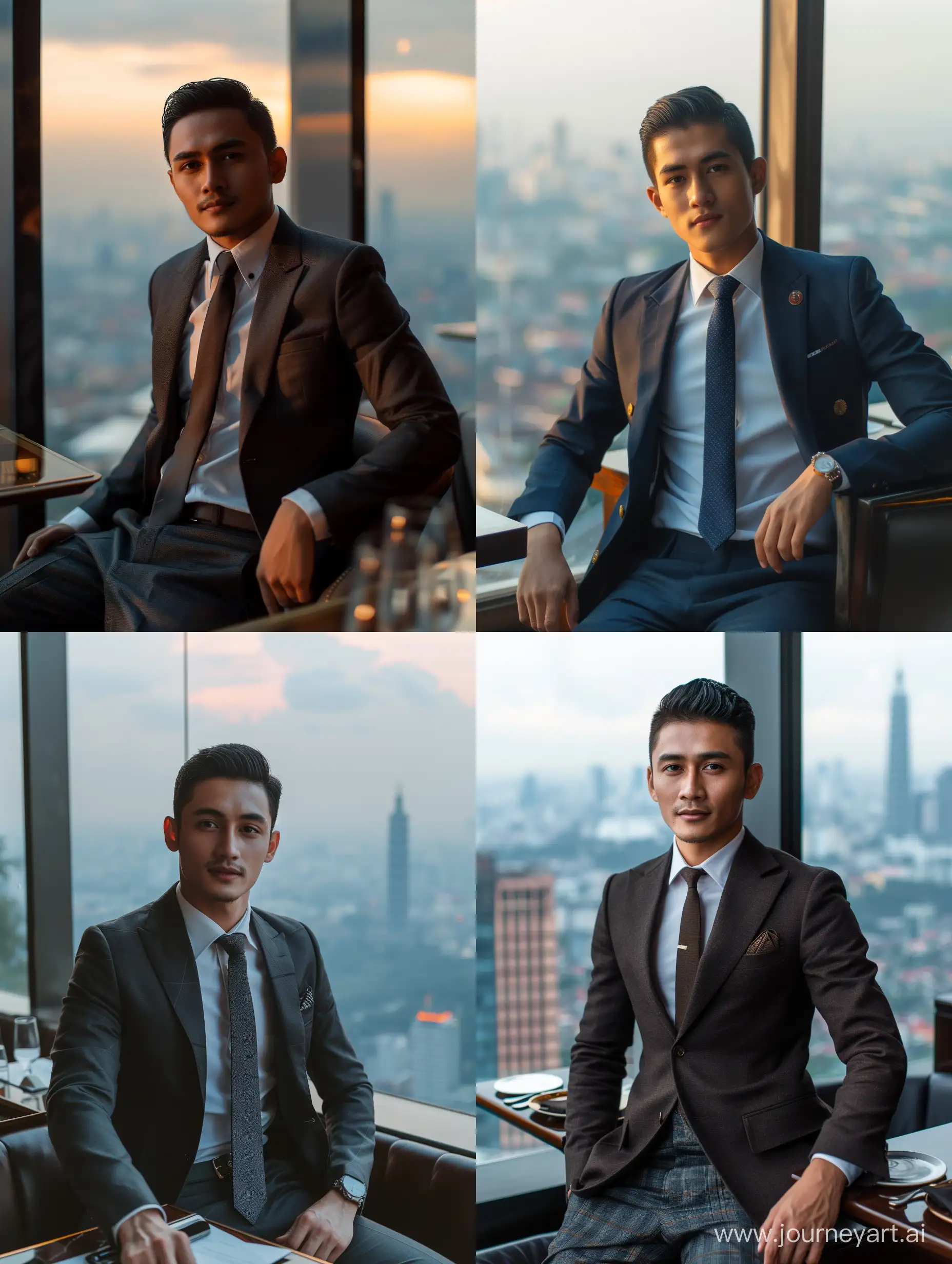 Handsome 25 year old Indonesian man wearing an office suit and tie complete with office trousers and shoes, ideal body, Indonesian skin, cool Indonesian hair, face must be visible clearly and in detail. The handsome man is posing sitting in a luxury restaurant on top of the building. You can see the view of the city of Jakarta, the atmosphere is bright during the day. that man. Ultra HD, original photo, high detail, ultra sharp, 18mm lens, realistic, photography, Leica camera