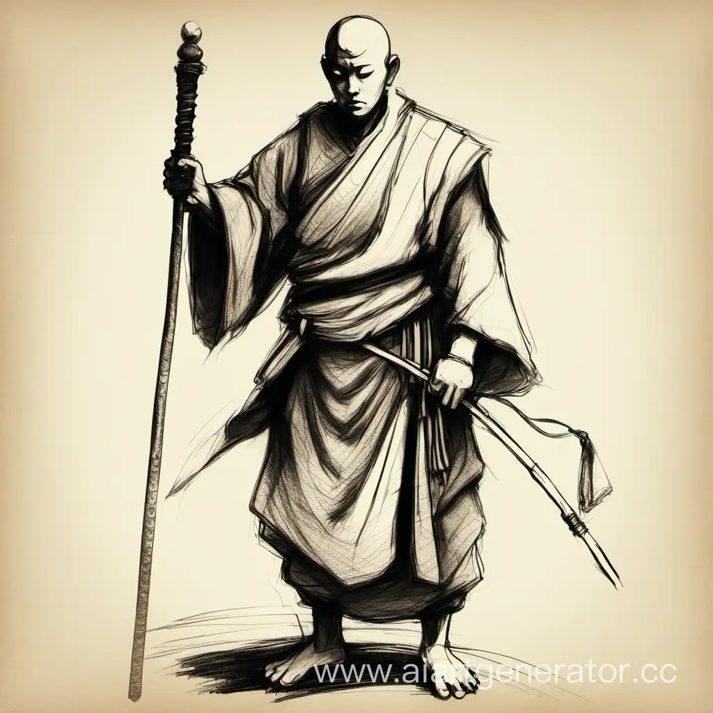 Эскиз боевого монаха с посохом