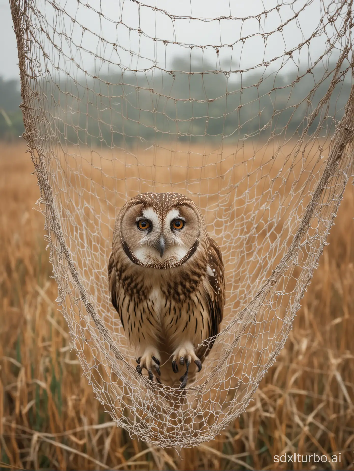A eastern grass owl struggle in a tight anti-bird net,background is set in a Taiwan farmland,farmland is over-cultivated,soft light,cloudy,cold colors,high resolution,Frans Lanting,Long Shot, high contrast, 24mm,realistic style.