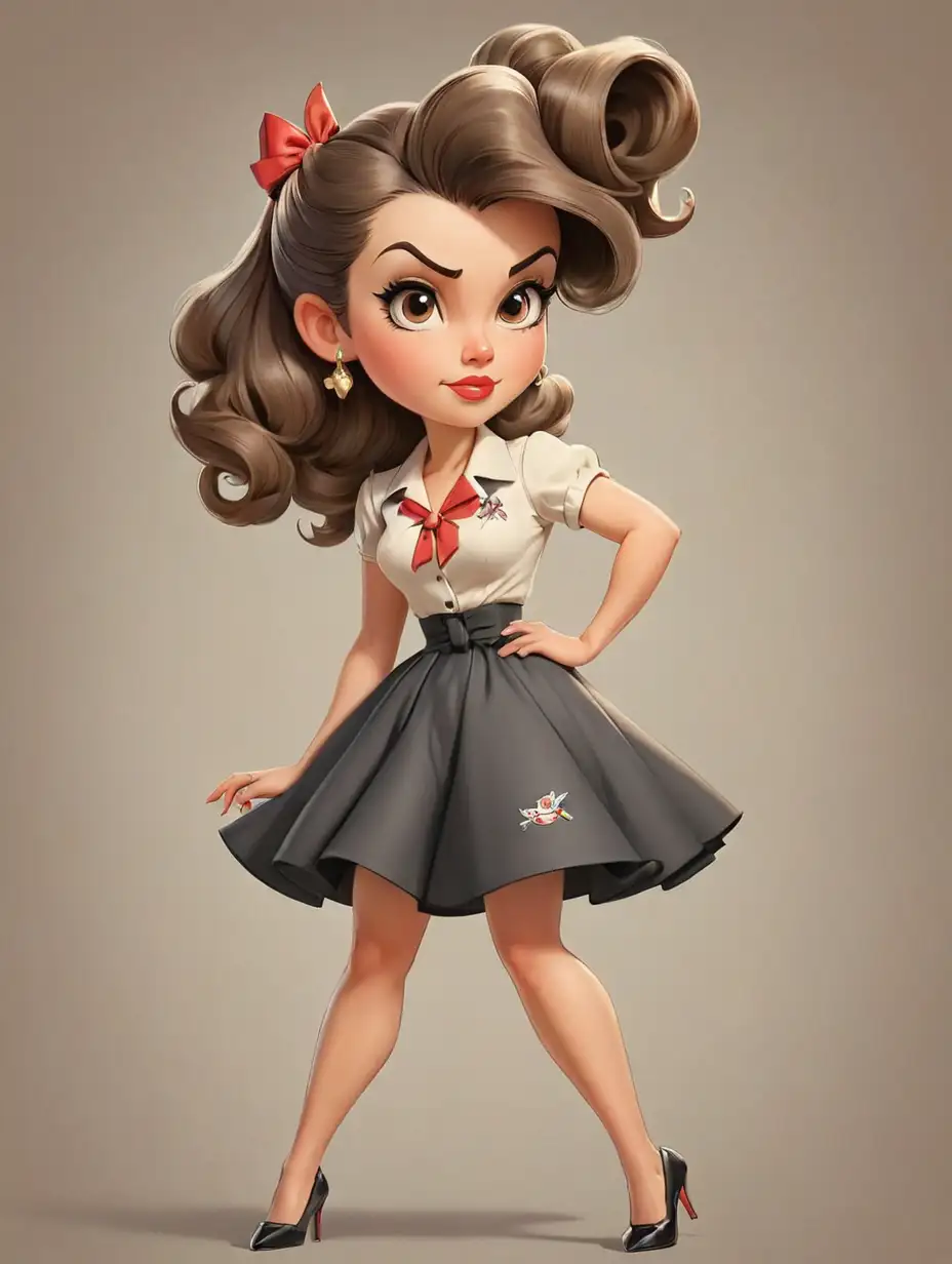 pencil drawn caricature of a beautiful grown-up woman, chibi style, with long hair in victory rolls, bow in hair, almond eyes, pointy chin, she is dressed in 1950s rockabilly style, high heels, full length, she looks serious