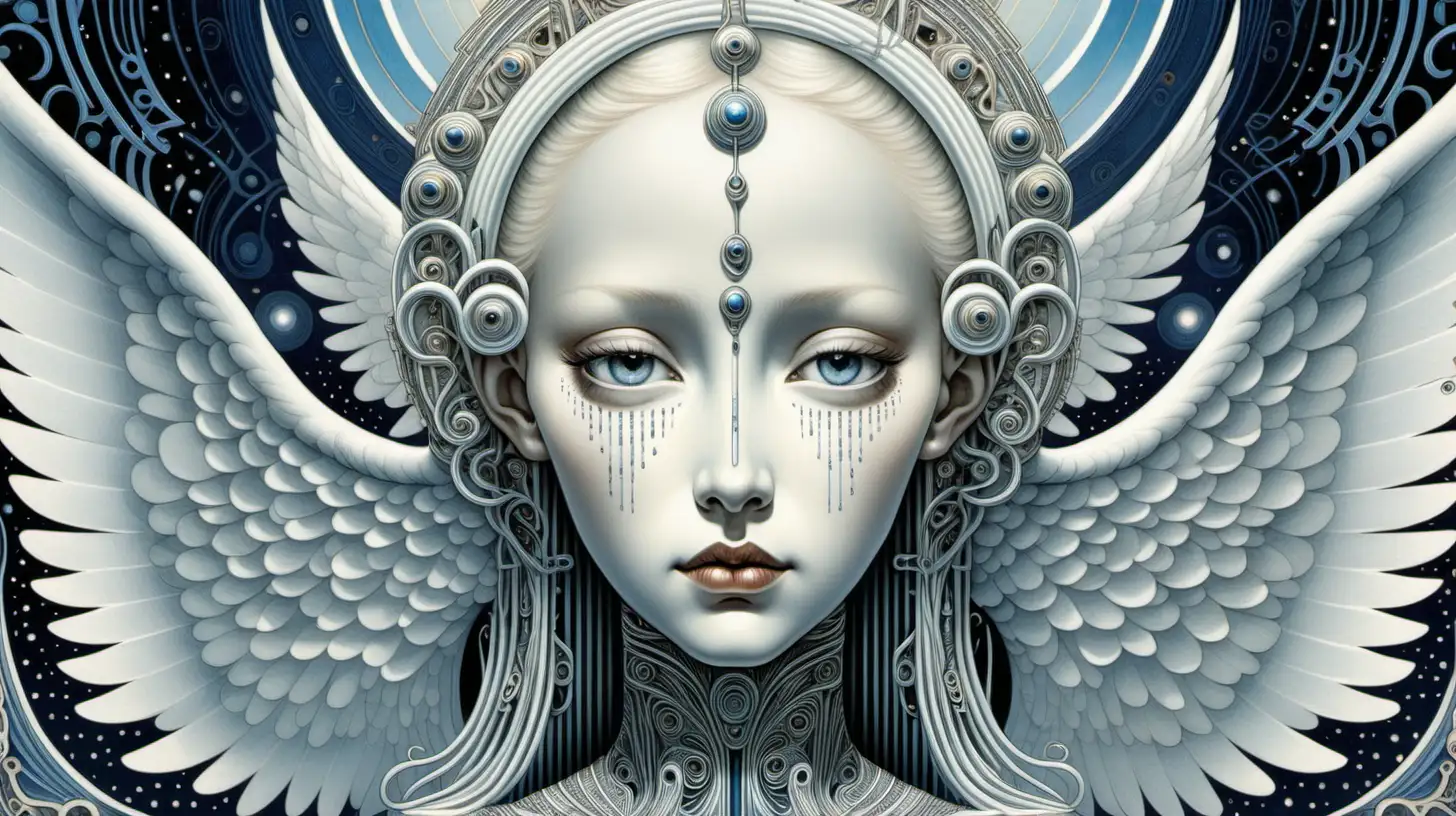 futuristic kay nielsen style portrait of an angel with detailed facial features