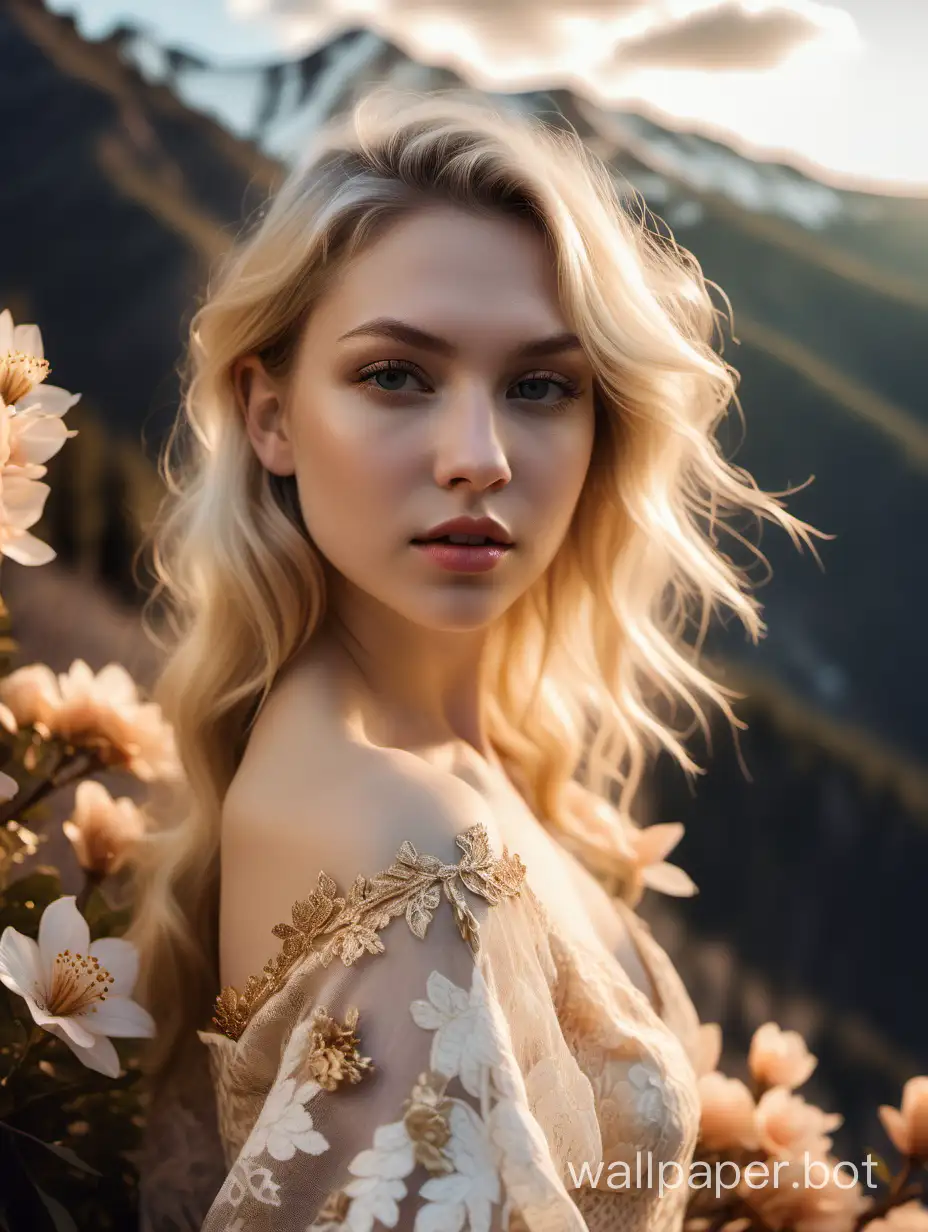 Closeup over the shoulder angle portrait photo of a young beautiful fair skin, white blonde female woman in earthy lace and gold couture clothing, posing in the mountains, Nude Makeup Look, natural tones, 35mm photography, golden hour lighting, snowing, peach flowers in the background :: excellent visual focus on fabric, face and flowers through the processing of light and textures of the fabric, surreal nature --c150 --s 180 --w 50