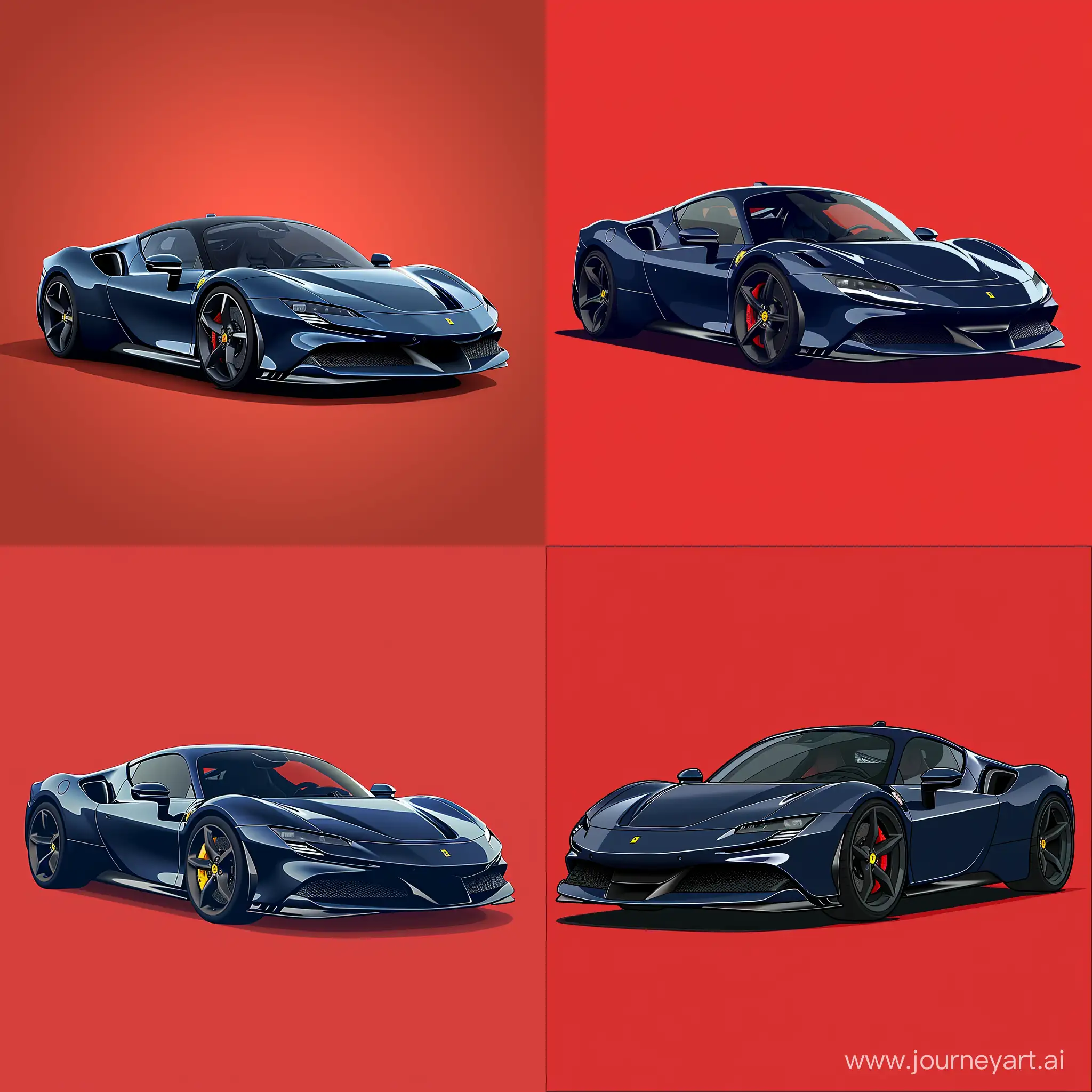 Minimal 2d Cartoonic Illustration Style, Blue Navy Ferrari sf90 on Simple Red Background, Front View, Best Quality, High Precision