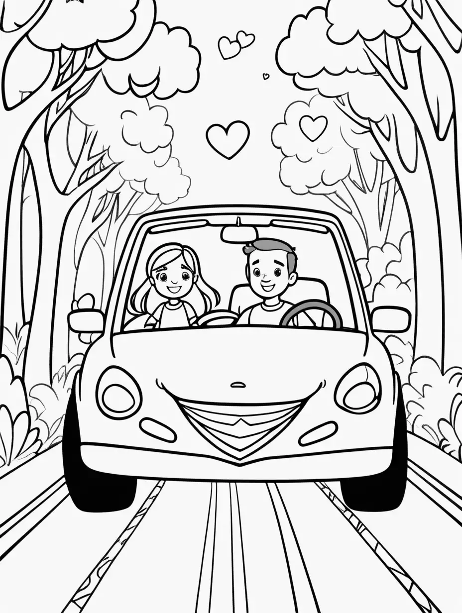 Cute, fairytale, whimsical, cartoon, younger Daddy and daughter Valentine's Day driving in car, extremely simple, black and white, coloring pages for kids cartoon style, thick lines, low detail--no shading --ar 9:11--v5