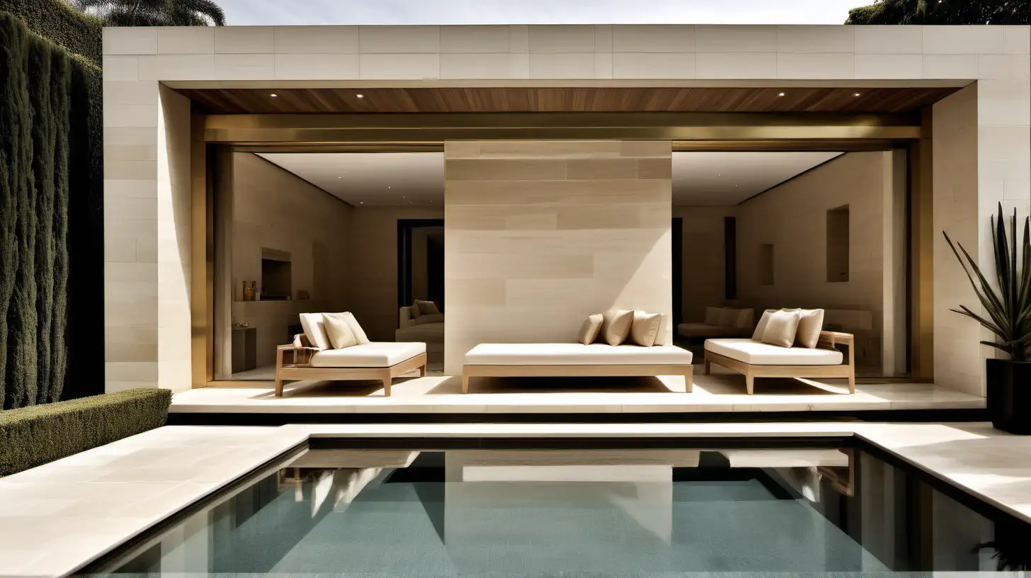 Grand minimalist home pool Cabana; beige; oak; brass colour palette; limestone flooring; 


