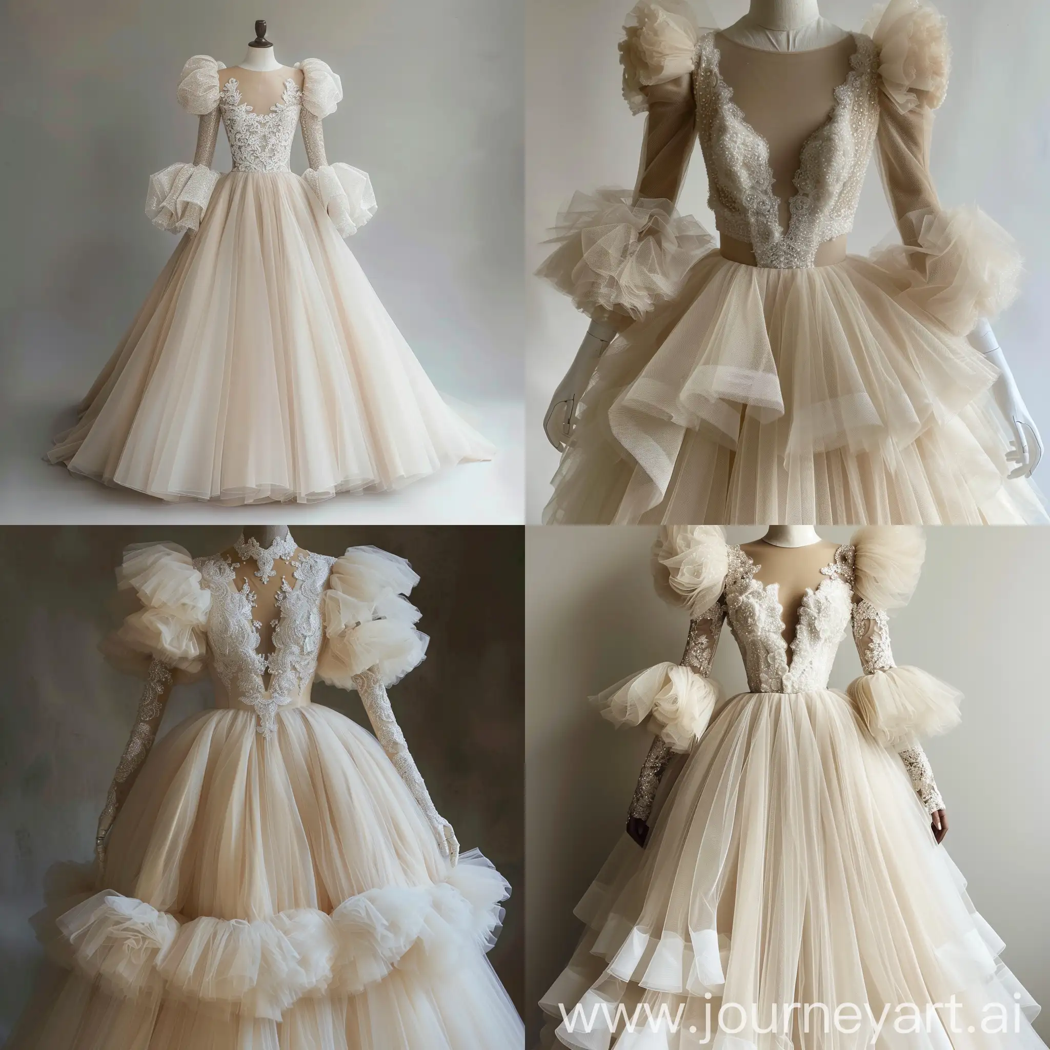 imagine a floor length light beige tulle wedding dress, with a fitted torso and puffed long sleeves. the fitted section is adorned with white shimmery lace. The skirt is puffy layered tulle. the shoulders, chest and back are fully covered