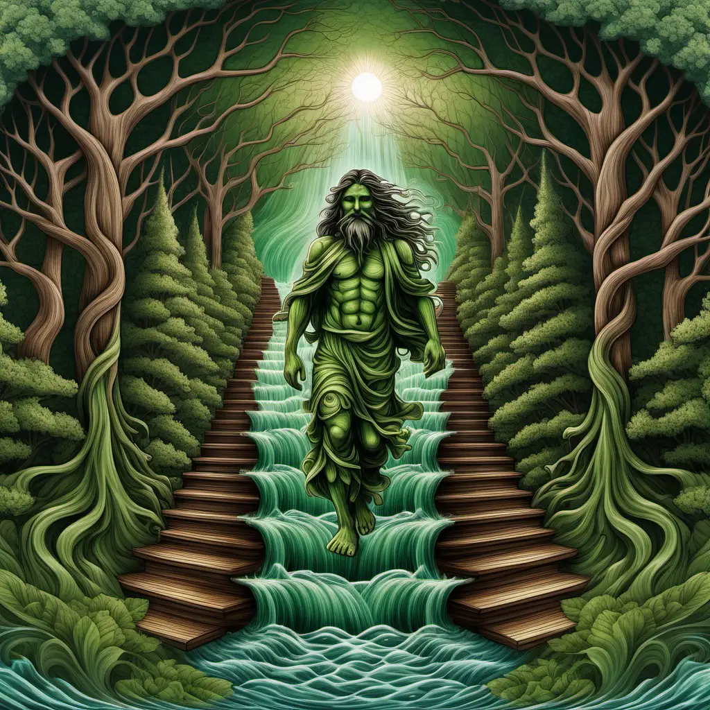 Multilayered cut, highly detailed, green man with long flowing dark hair walking up stairway to heaven through flowing water and trees, mandala, wood grain