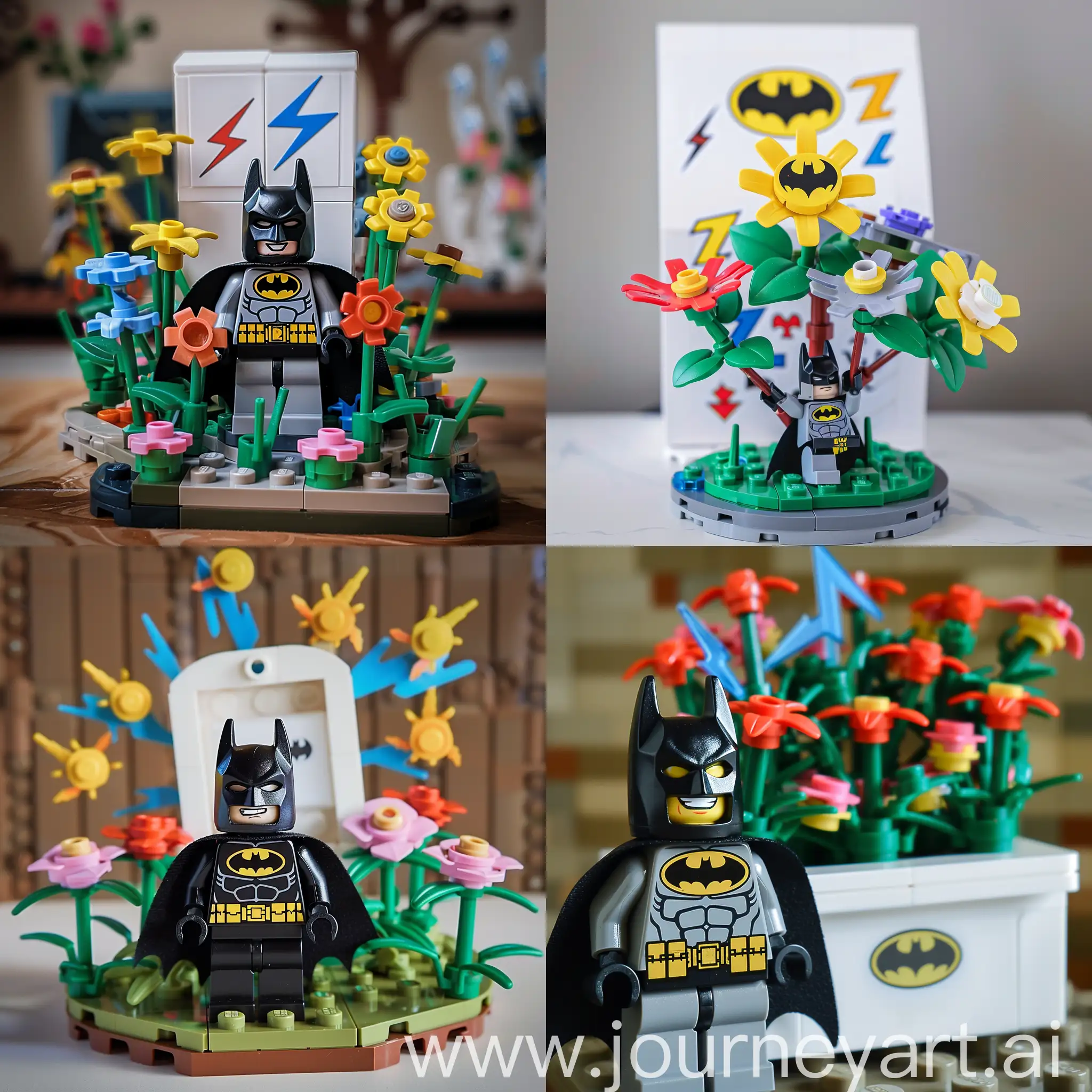 make lego concept of the lego flowers in batman style with white package behind with the good lightning and batman signs