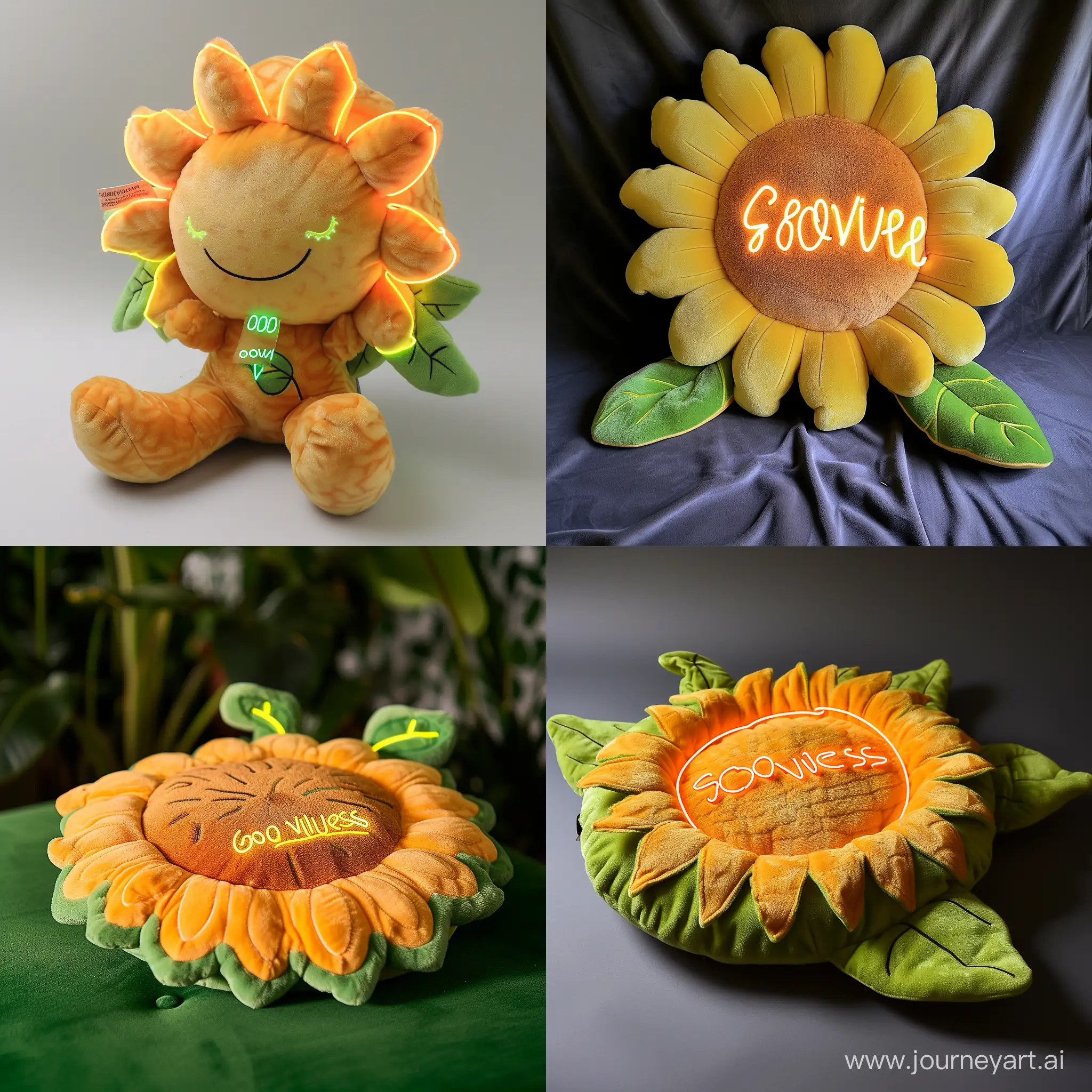 plush in the shape of a sunflower and says have a text "goodvibes" in neon