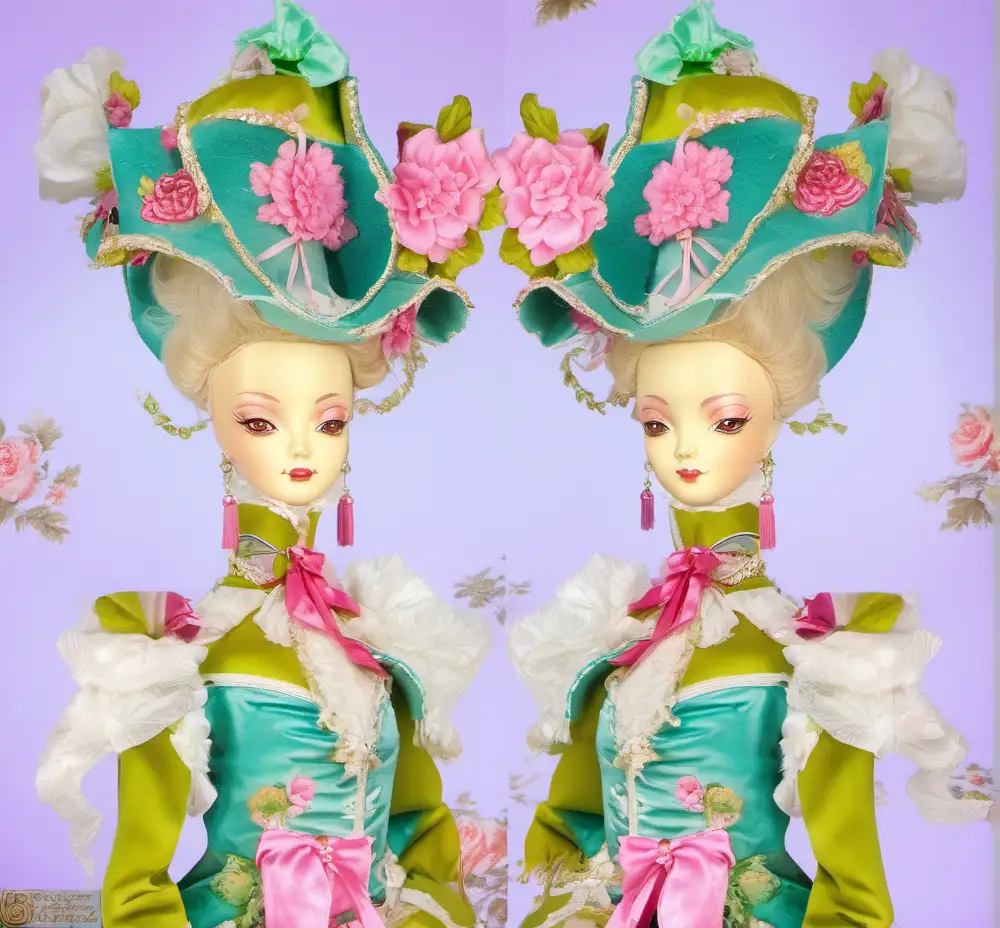 Marie Antoinette Ladies in Pink and Green Pagoda Baroque Chinoiserie Hats