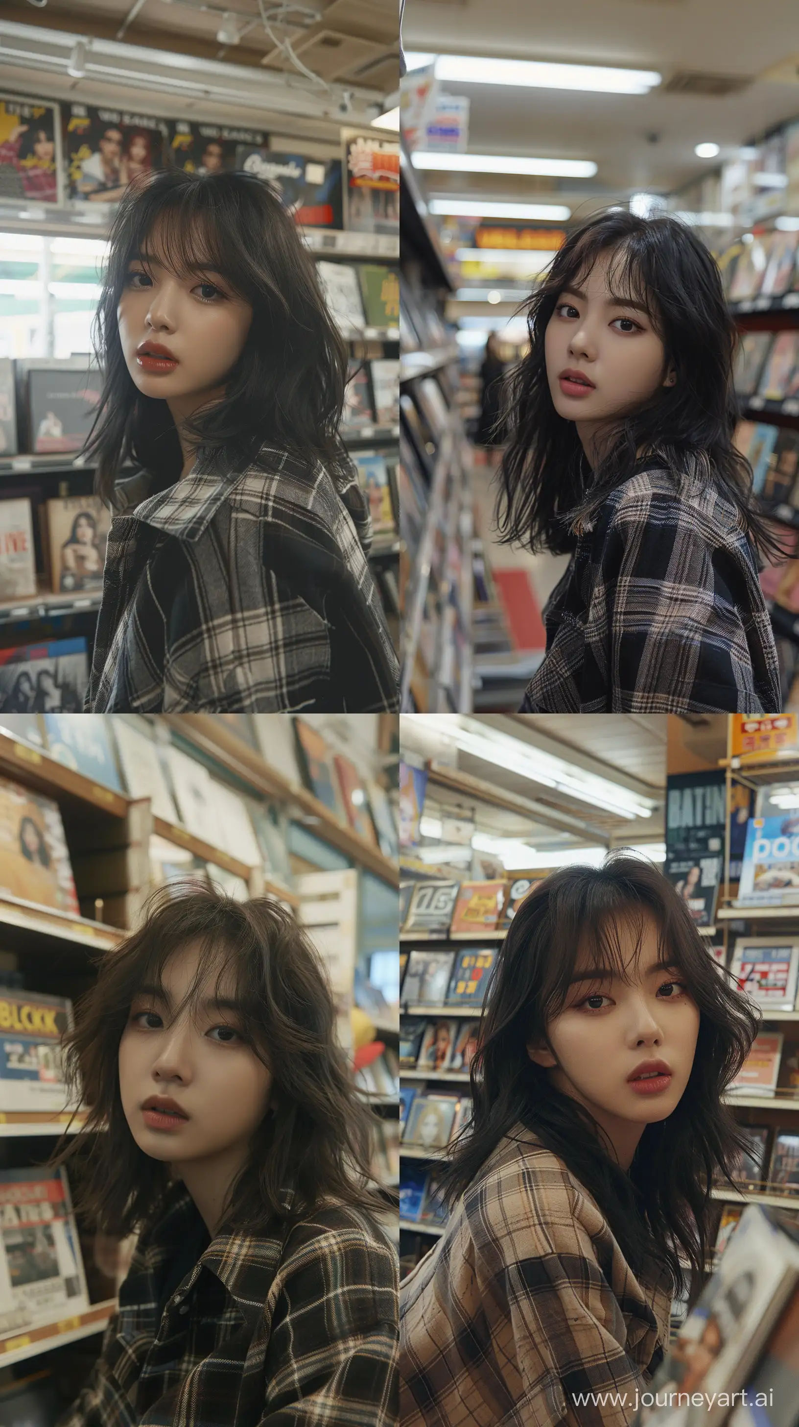 a blackpink's jennie, medium wolfcut hair, wide set eyes, grunge aestethic make up, wearing flannel inside album store --ar 9:16 --stylize 250