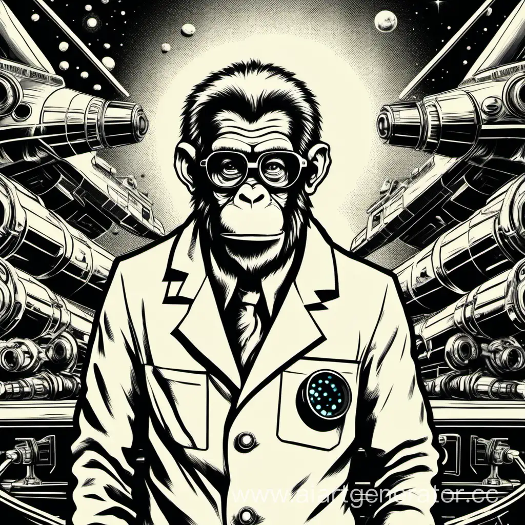 mad monkey scientist with the glassess. the vintage spaceship launch from the base. detail. minimum color.
