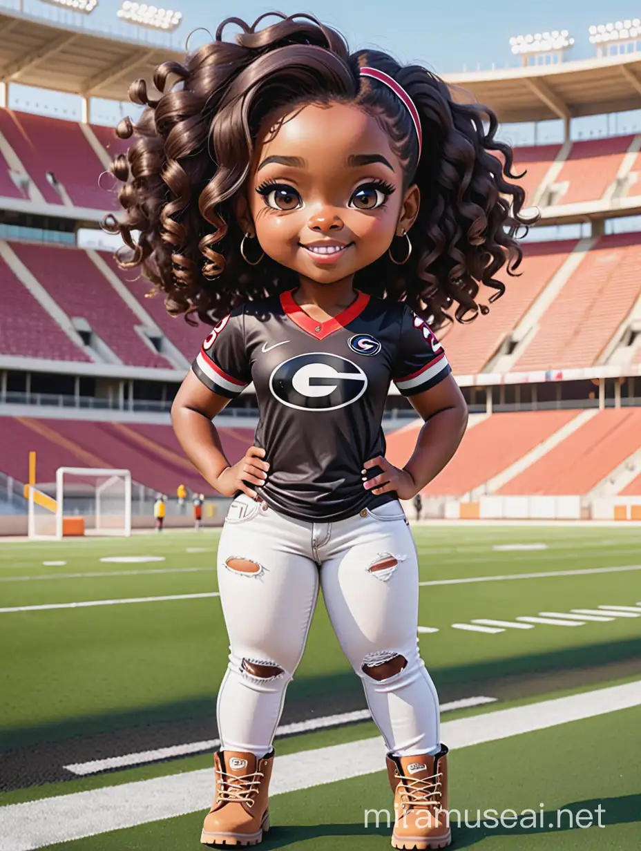 A sassy thick-lined watercolor cartoon image of a black chibi girl standing in front of a football stadium. She is wearing a Georgia Bulldogs football jersey with tight white jeans and timberland boots. behind her curvy body. Looking up coyly, she grins widely, showing sharp teeth. Her poofy hair forms a mane framing her confident, regal expression. Prominent makeup with hazel eyes. Hair is highly detailed. 