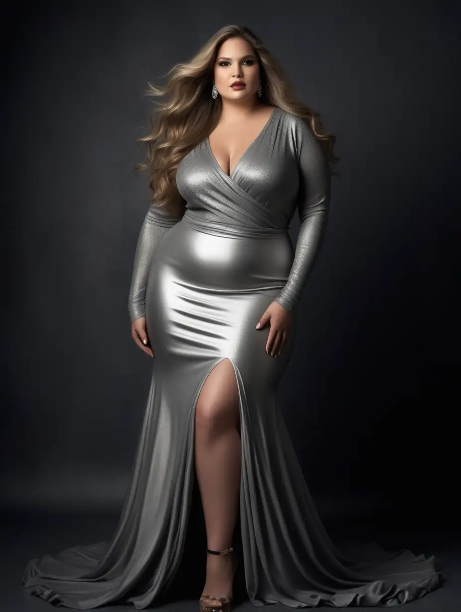 Stylish Plus Size Model in Vogue Couture Evening Gown Dark Blond Elegance