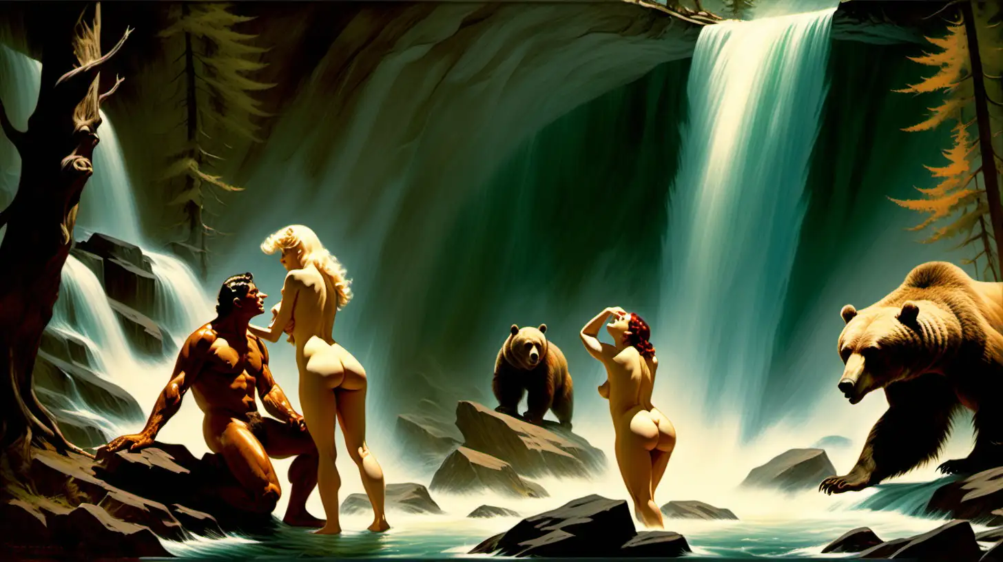 Nude Lovers Embracing Under a Grizzly Bear by a Waterfall in an Enchanted Forest