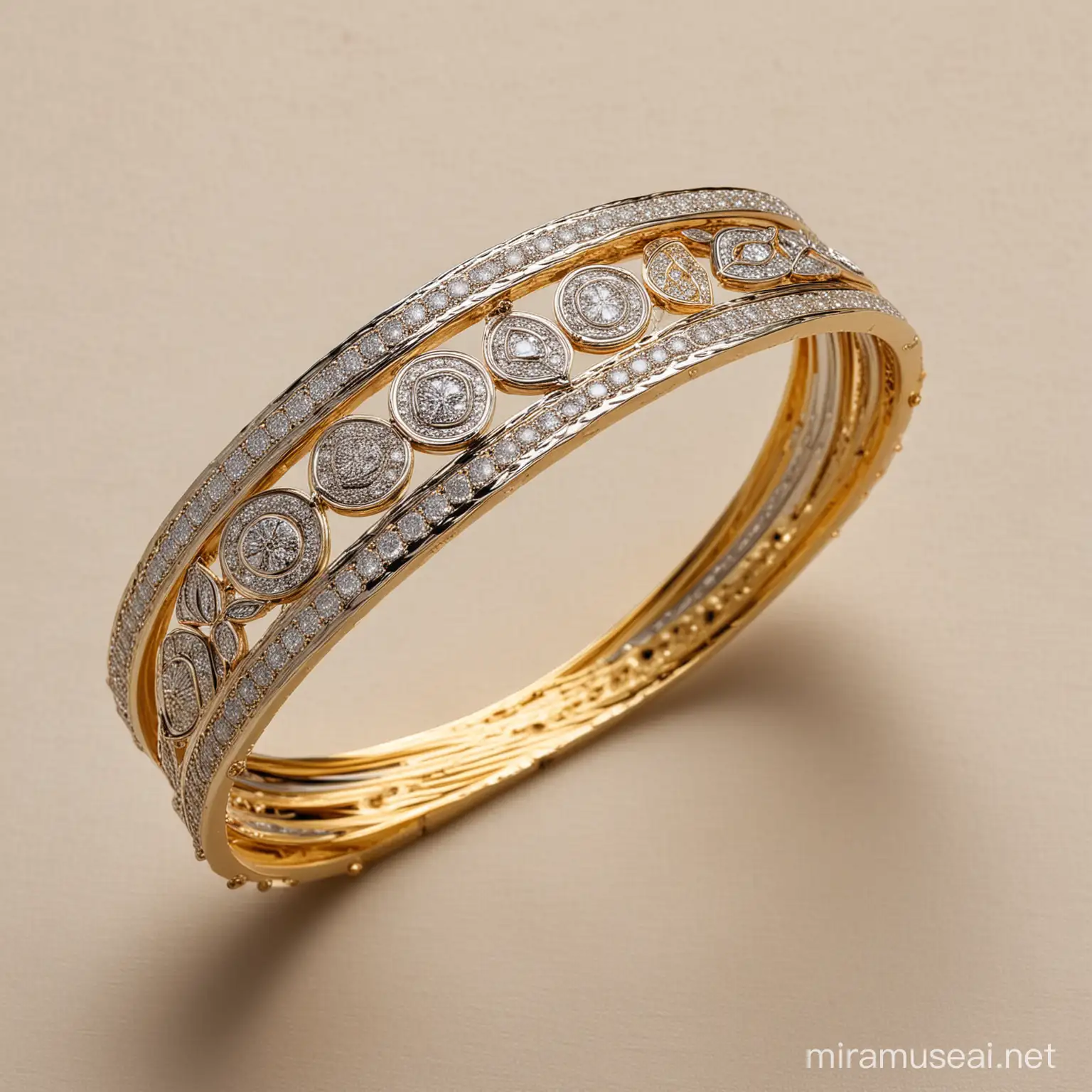 A premium design of a bangle (that indian women use to wear on their wrists)made up of gold , platanium and diamondwith minimalist design