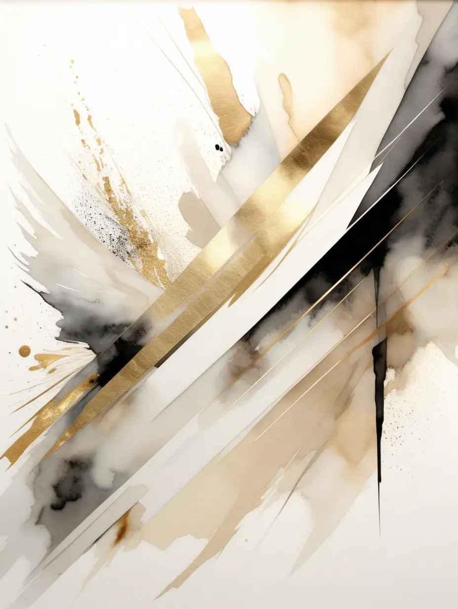 Large modern abstract image that incorporates light watercolours white, beige, gold and black. Diagnal theme