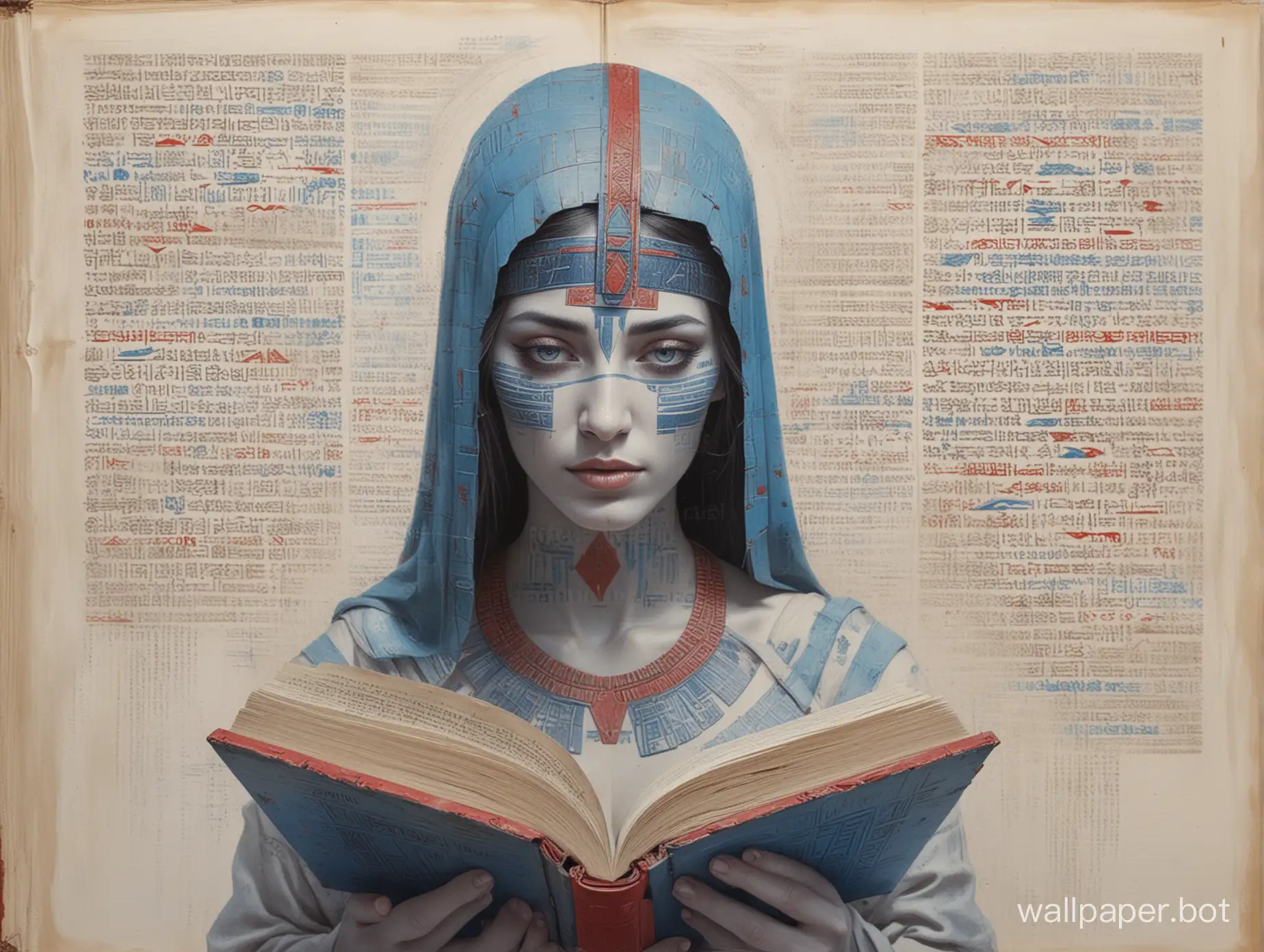 woman painted half red half blue instead of a head an open book with mysterious symbols resembling Assyrian cuneiform futurism