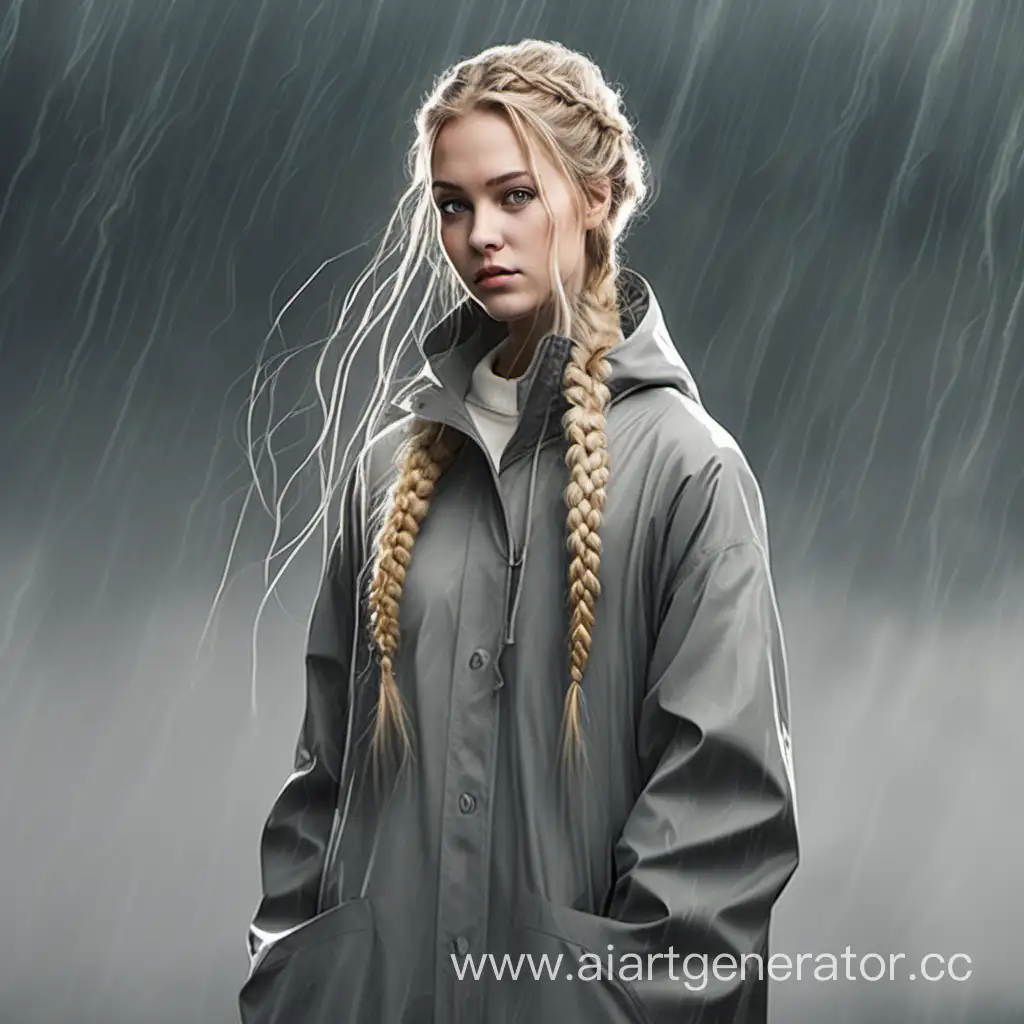 A short, adult, gentle girl with long blond braided hair, wearing a floor-length gray raincoat.