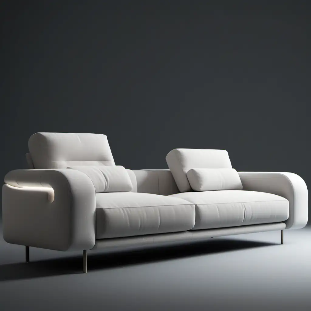 Original design, photos from different angles, three-seater sofa, straight lines, mechanical back, mechanical arm, details on the arm, minimalist design, suitable for simple production, high image quality, HD, 4K, realism, fabric appearance, small round details, different seat designs, cloud looking sleeve design,realistic,showroom back-up,İtalian sofa, round sleeve details,p-shaped arm sofa, led detail