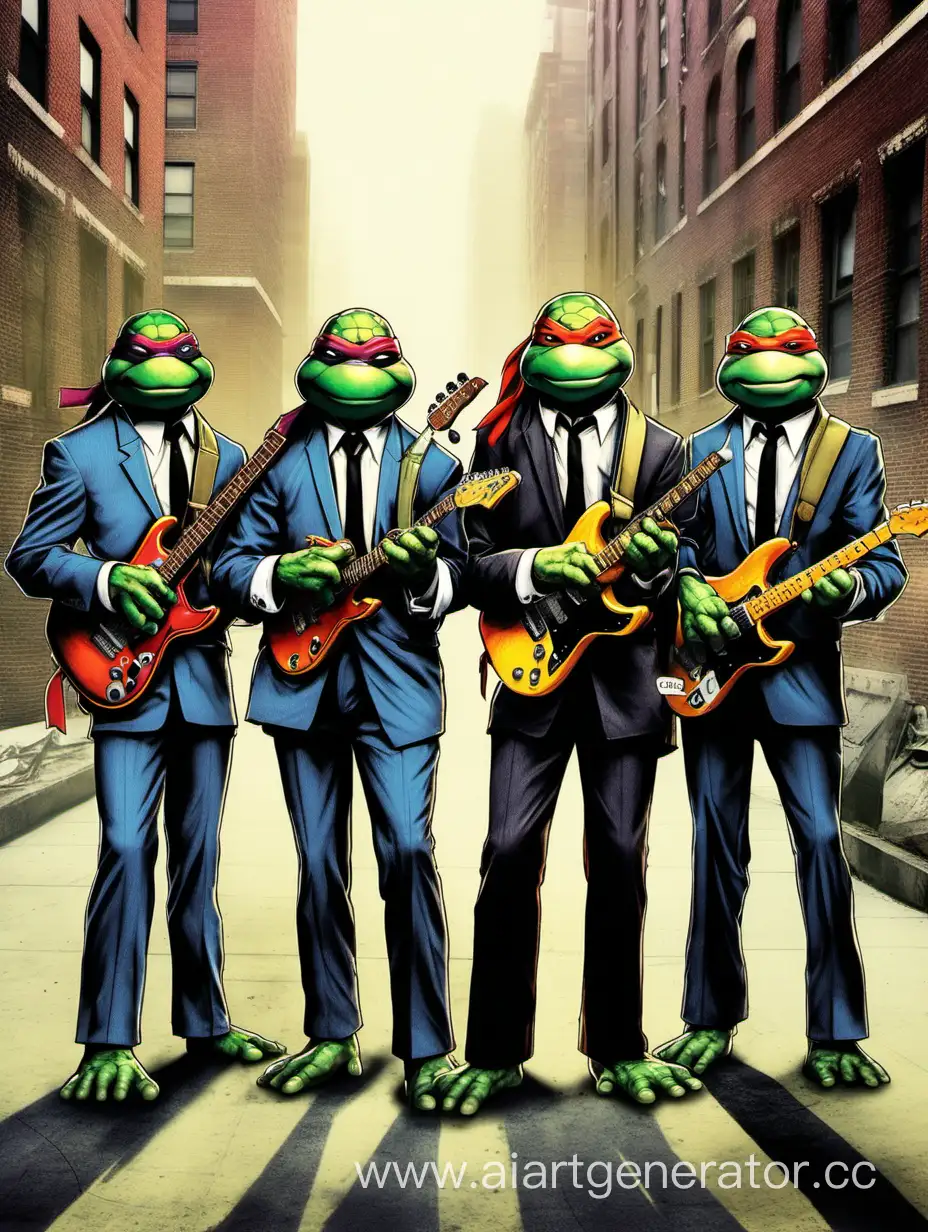 Teenage mutant ninja turtles, as members of the Beatles band, in business suits.