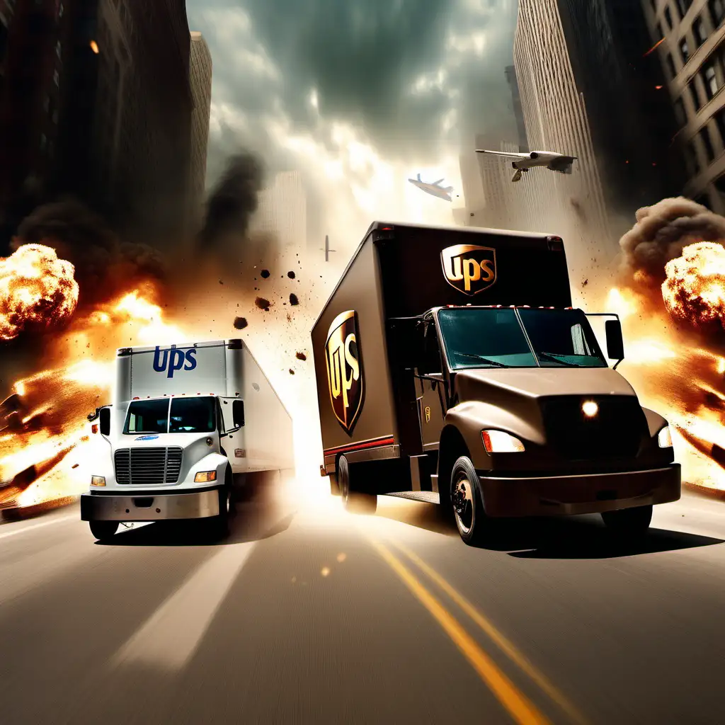 UPS truck and USPS truck, racing each other, action movie sequence, explosion, futuristic background