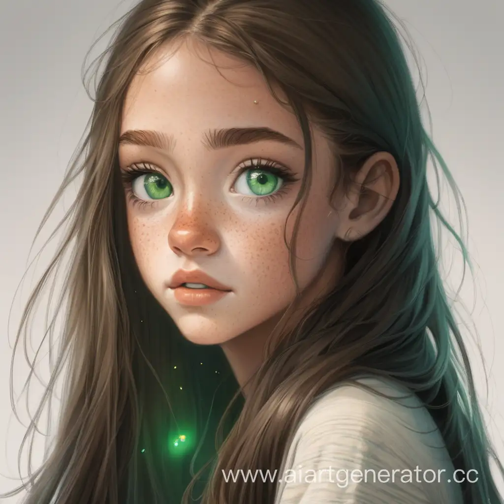 Девушка с светлой кожей , зелёными глазами , веснушками и длинными темными волосами