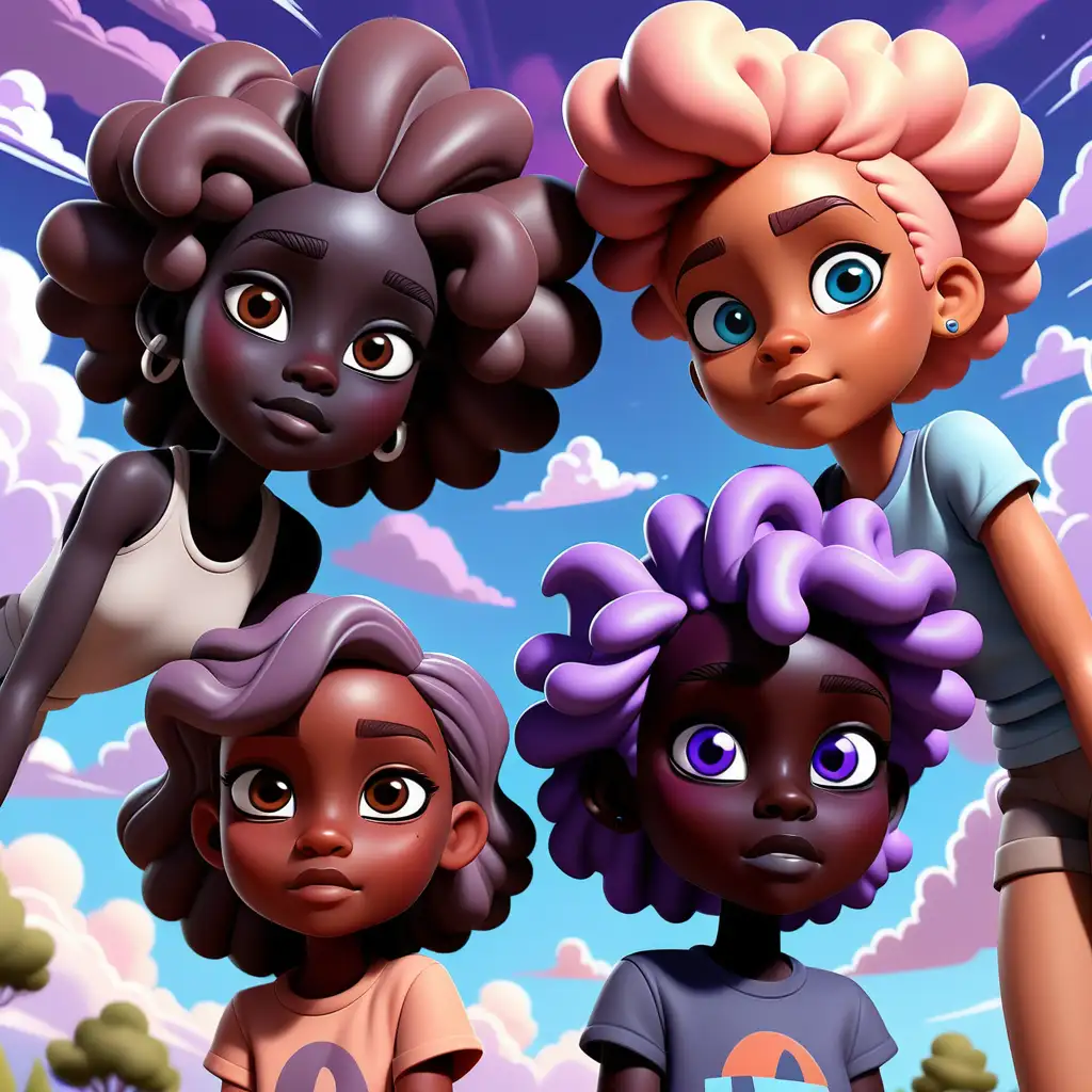 Can you generate four different cartoon  kids with black skin color, white skin color, blue skin color and purple skin color in a very nature place with colorful clouds behind