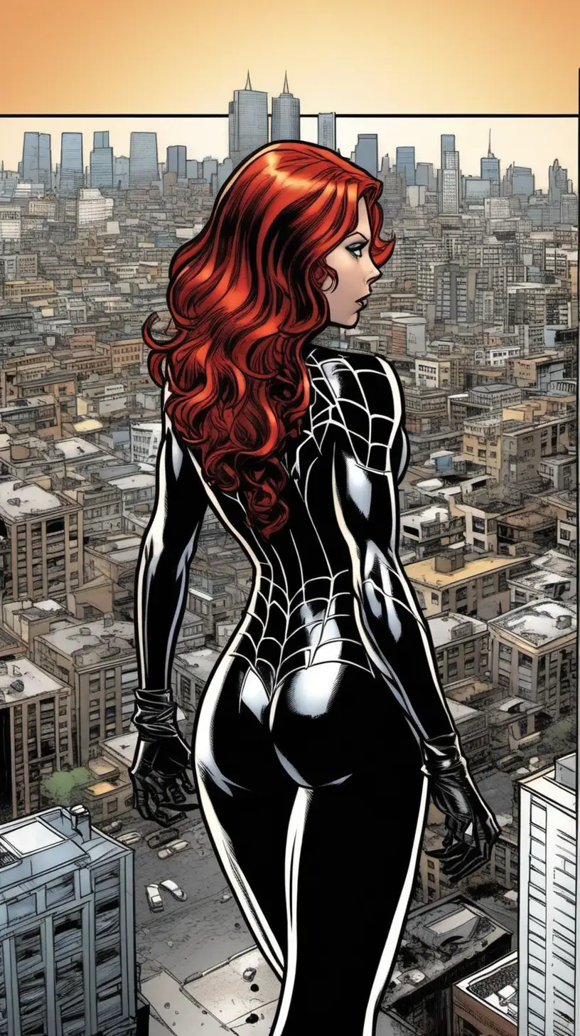 Black widow from behind looking over the city in a marvel comic wearing a black Spiderman suit with a white Spider logo