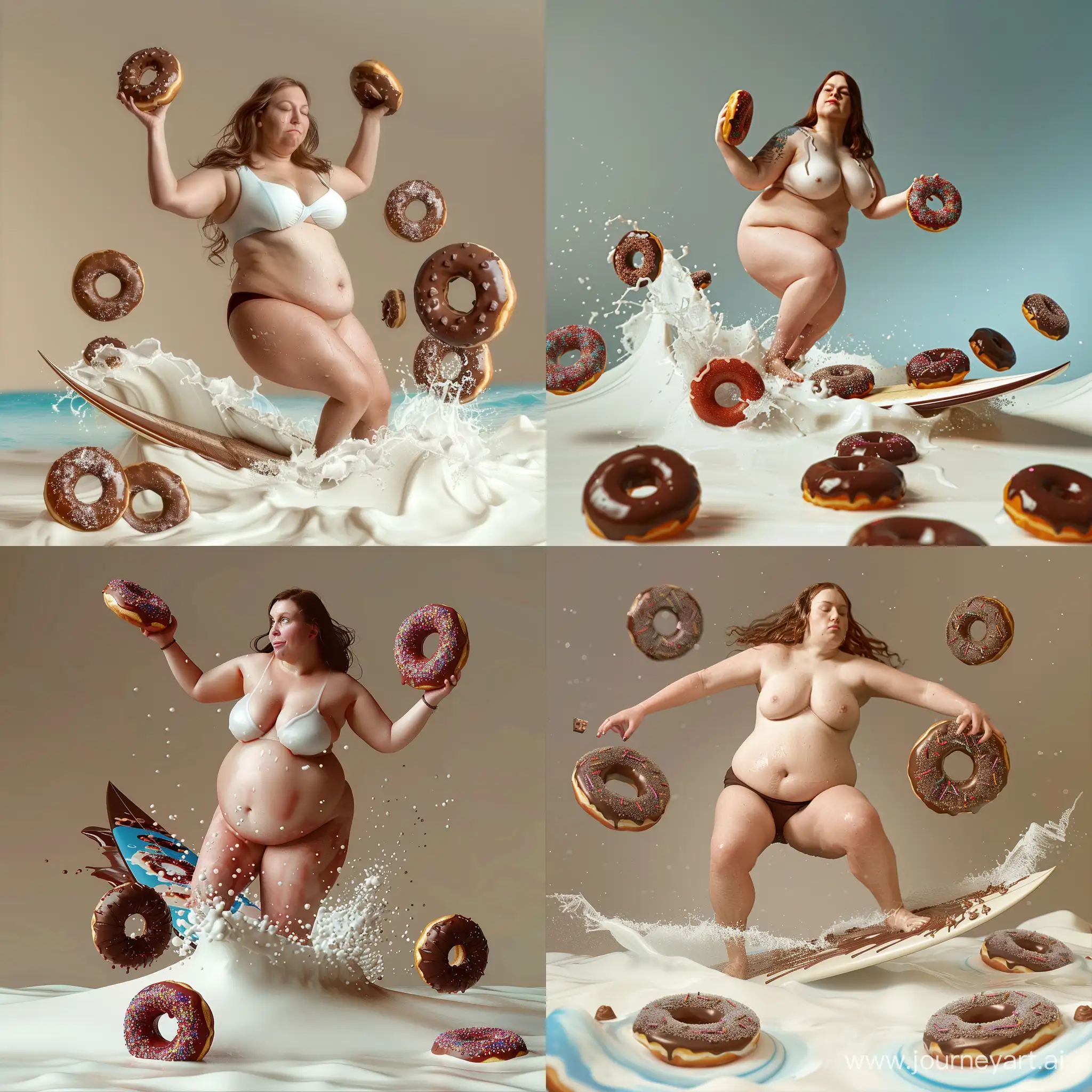 une femme, grosse, avec des donuts au chocolat, qui surf sur un océan de lait