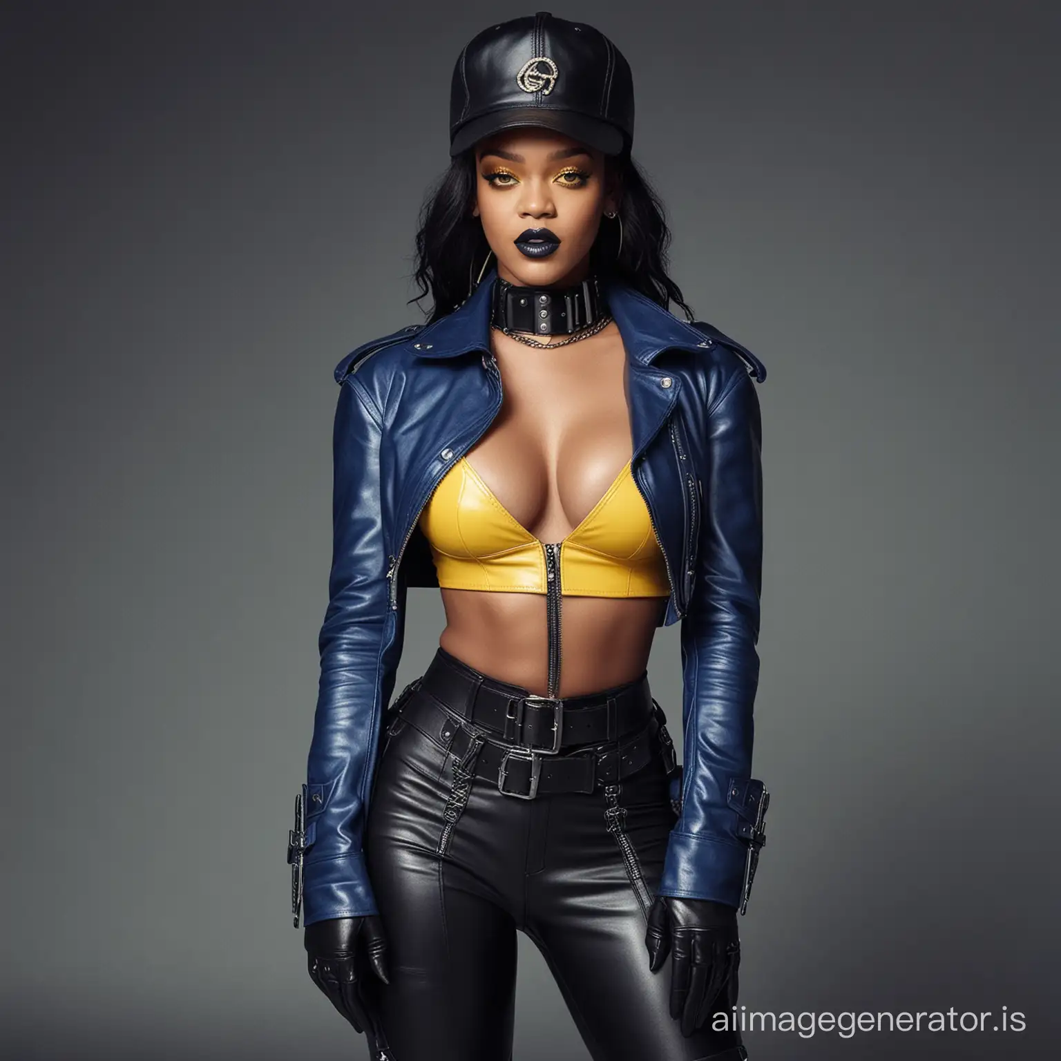 rihanna, big breasts, muscular black woman in buckled blue leather straightjacket, black leather gloves, leather masters cap, leather boots, black lipstick, yellow eye shadow,