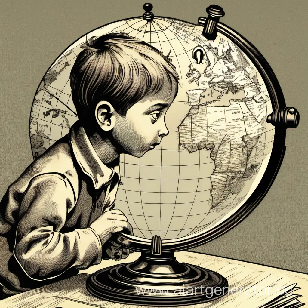 Curious-Boy-Examining-World-Globe-with-Magnifying-Glass