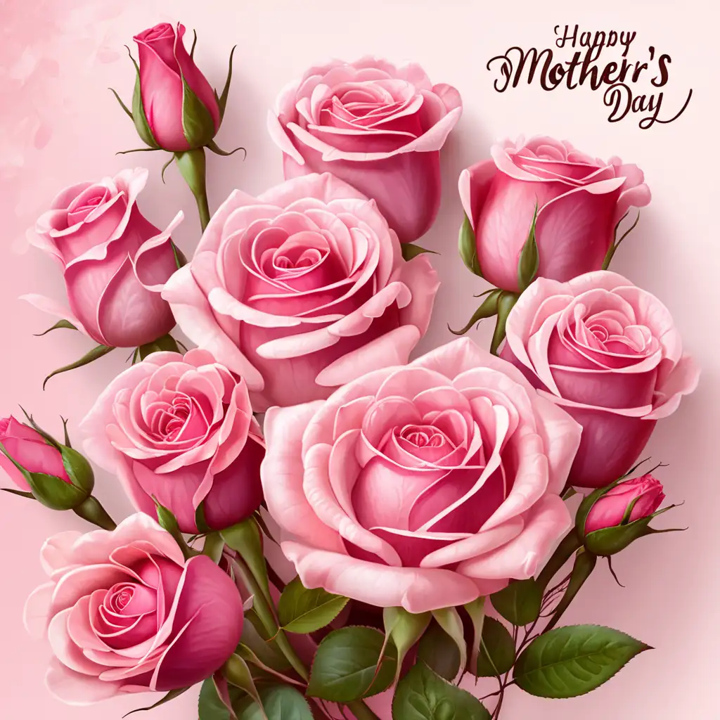 Mother and Child Celebrating Mothers Day Surrounded by Pink Roses