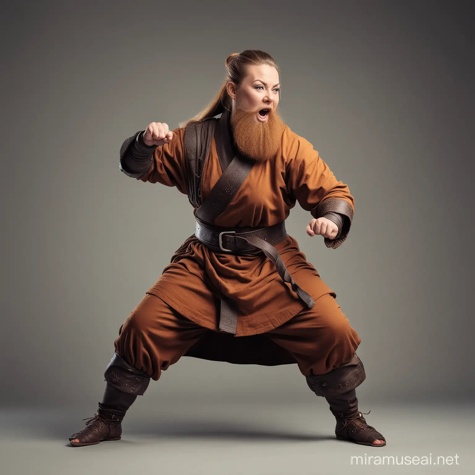 strong female dwarf monk with beard in fighting stance