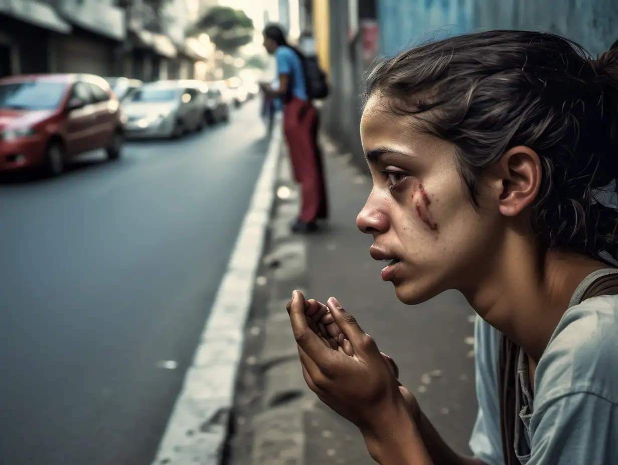 Cinematic High Resolution Image of a Poor Young Woman Begging in Sao Paulo City Brazil