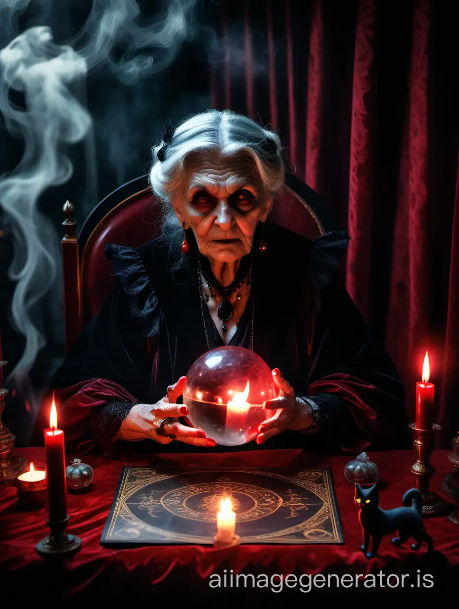 Victorian era, evil old old woman fortune teller at table with smoke, crystal ball, Ouiji board, black cat, lit candles, long red velvet curtains,  thunderstorm, spooky cinematic 