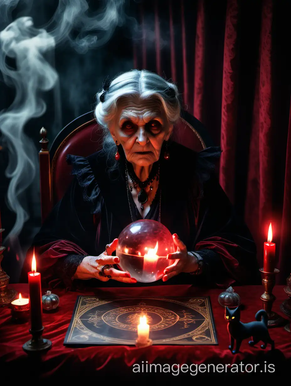 Victorian era, evil old old woman fortune teller at table with smoke, crystal ball, Ouiji board, black cat, lit candles, long red velvet curtains, thunderstorm, spooky cinematic