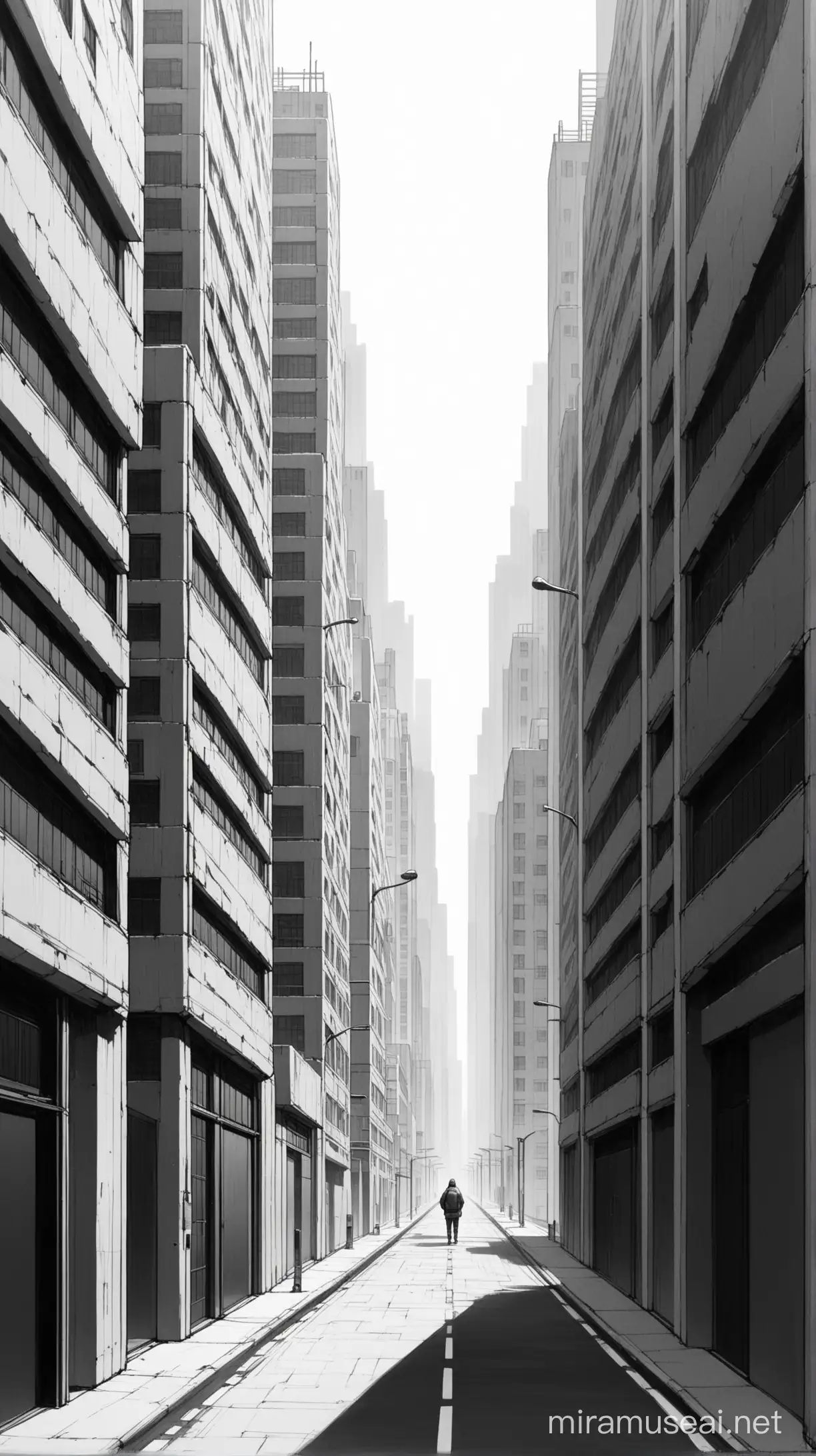 Create a cityscape background with simple, low-rise buildings with a road in the centre. using a black and white color with shadow. These buildings should be of varying heights but generally shorter. Include details such as windows and doors to add realism, but keep them minimal. Ensure that the background complements the central figure of the urban explorer and leaves ample space at the top for additional elements.