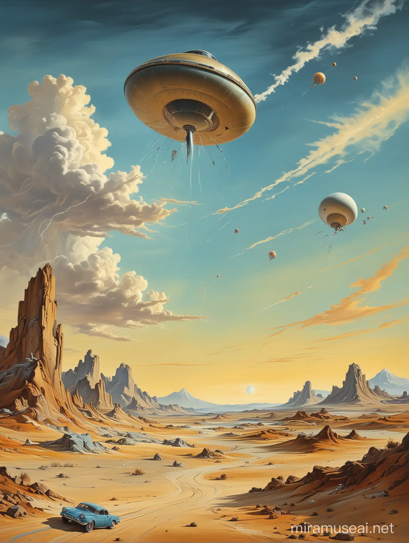 Highly detailed painting closely based on ((("The Persistence of Memory" by Salvador Dali))), wide view,rocket contrails and a flying saucer in the sky, use muted pastel colors only, high quality