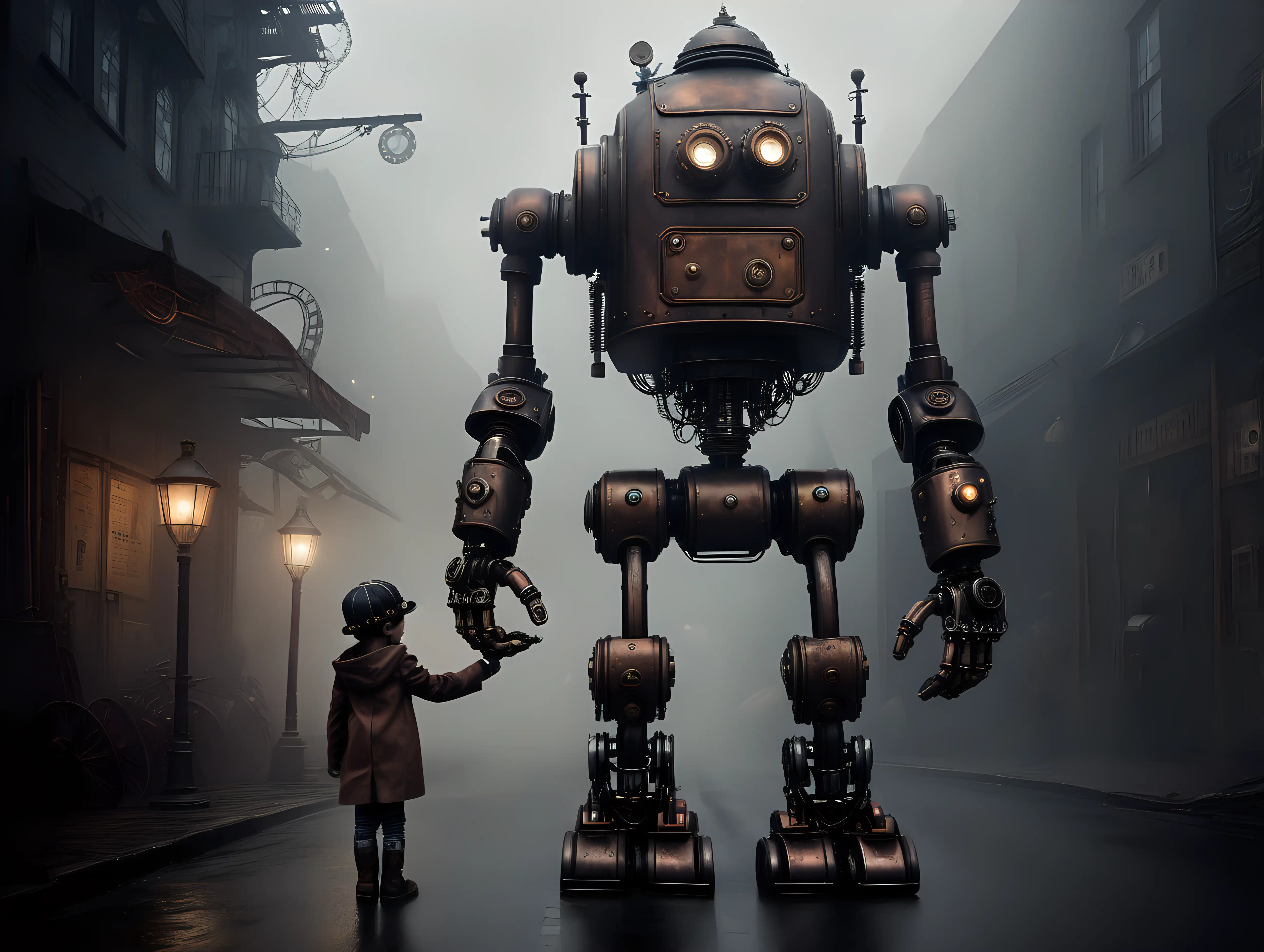 Steampunk robots, steel, darkness, street, fog, child, hand in hand with robot 