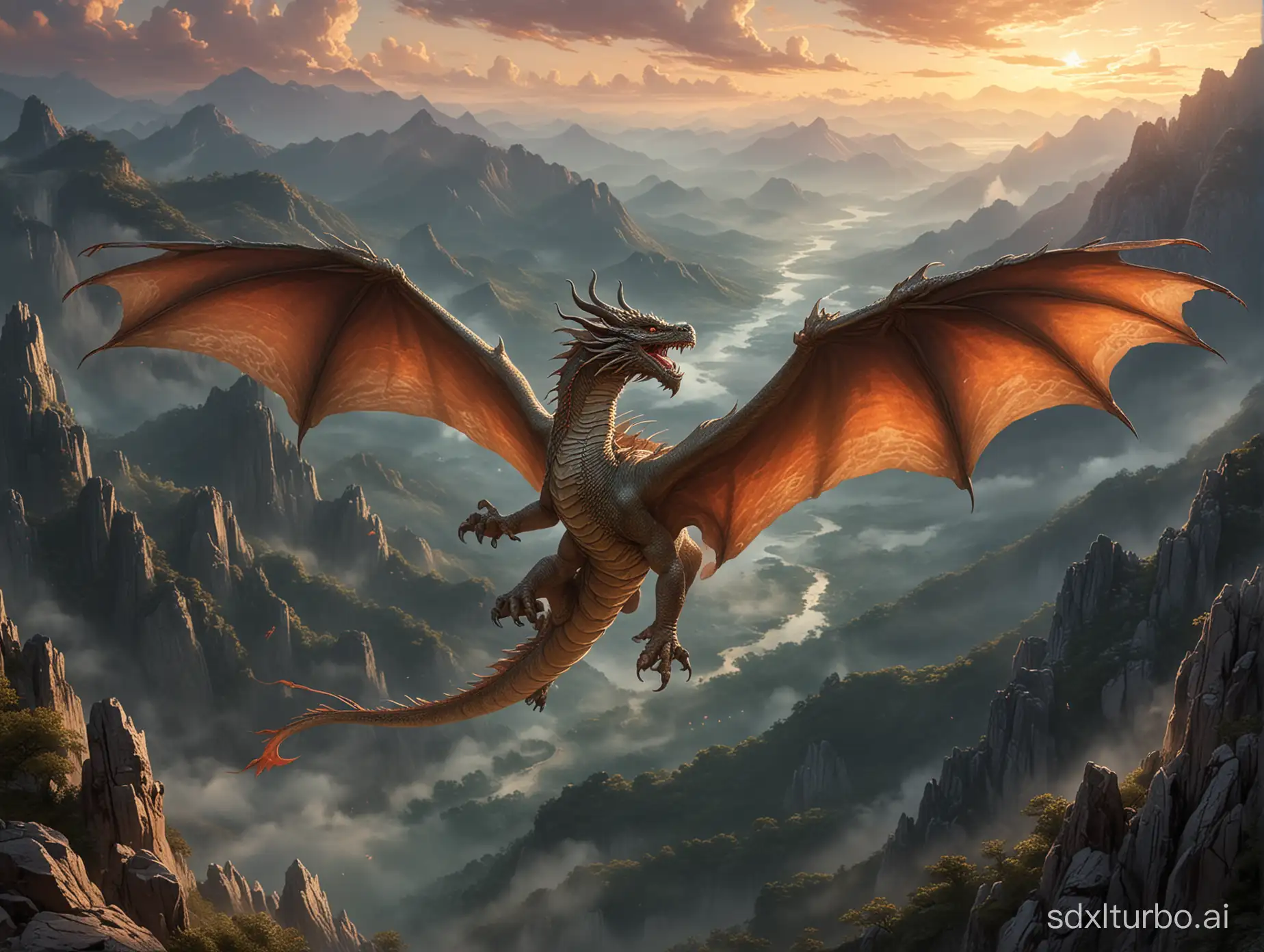Majestic-Wingless-Chinese-Dragon-Soaring-in-Mountain-Twilight
