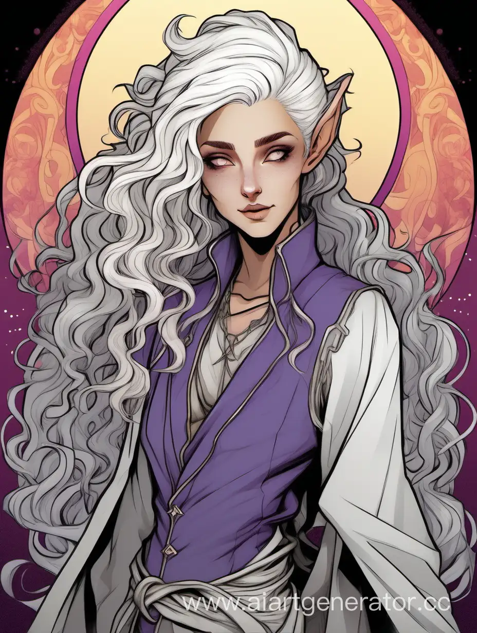 A changeling doppelganger from DND D&D dungeons and dragons, pale white skin, waifish, sharp all-white eyes, tied up long curly-wavy white hair shaved sides undercut with a bun, androgynous non-binary nonbinary queer, flat chest, flowy, half-elf, pointed ears, character art, mysterious, grey gray eyebrows angled up, nose tip straight lower, proportional, conceptual, full picture, elegant, flirty, charming, and clever mood, harper, adventurer, tall, fangs.
Clothing colored indigo violet magenta yellow peach gold and platinum like a sunset,
detailed line art Mucha style