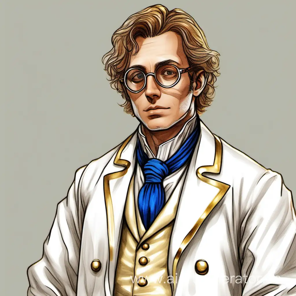 Make a drawing of a wandering 18th century medic with light brown hair and small round glasses. as in D&D - in a white coat and a gold and white suit, he looks 40 years old and looks away. Also add white gloves. Also make the image itself look like it was painted very beautifully. Make a few more hand gestures. And make the photo itself drawn