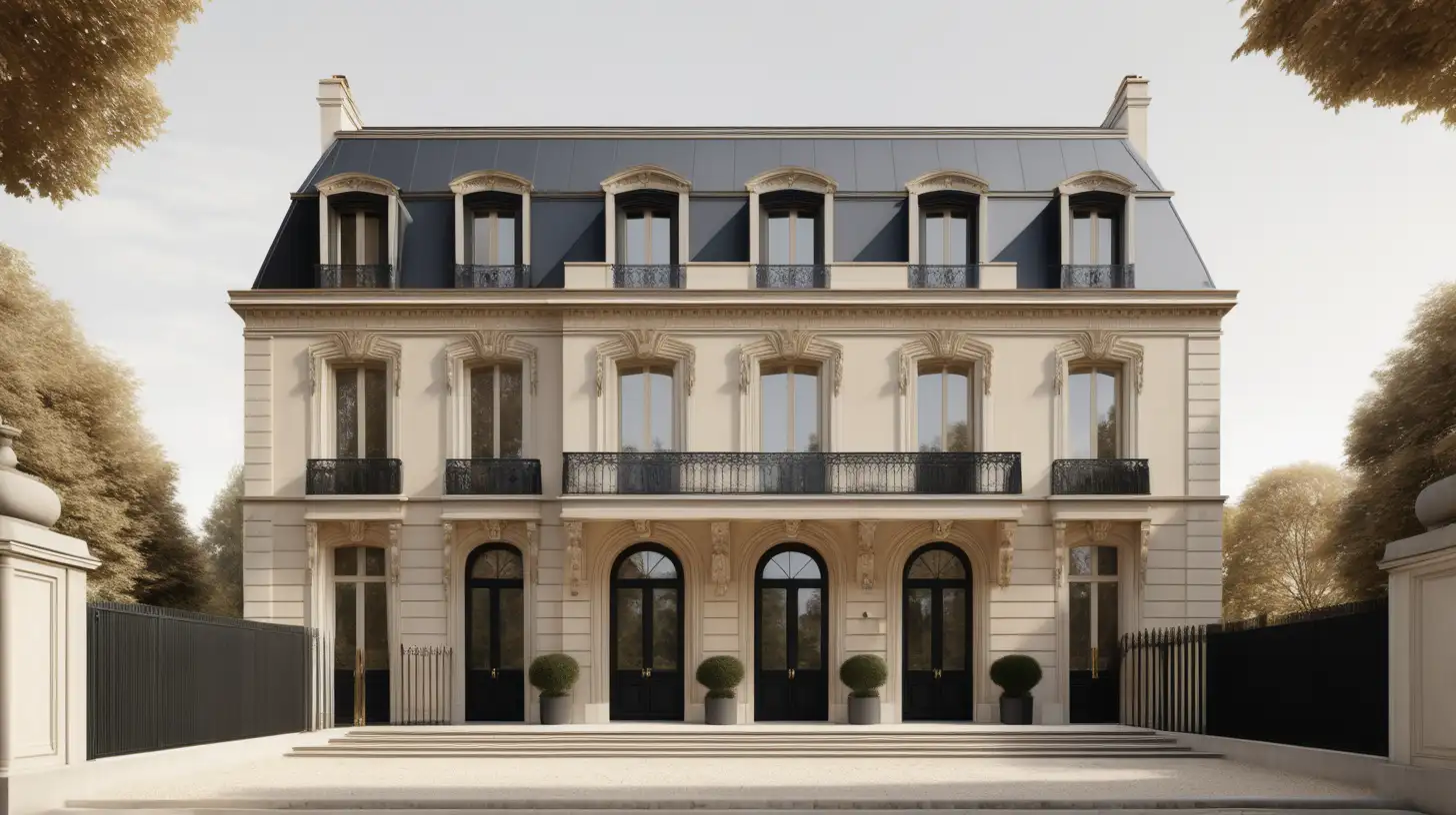 a Hyperrealistic image of a modernised two-storey Parisian mansion in a beige, light oak, brass and black colour palette